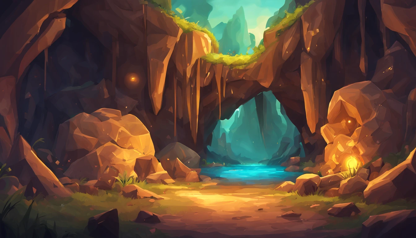 There is a photo of a cave,There are many gems and gold stones inside, Concept art by Aleksander Gierymski, Multiple Count Contest Winner, Art and craft, cave background, treasure background, background art, mobile game background, magical cave, background artwork, underground cave