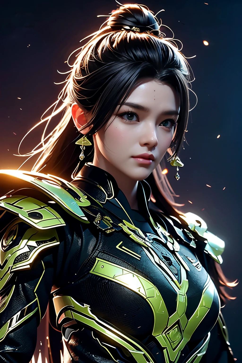 Game art，The best picture quality，Highest resolution，8K，((A bust photograph))，((Portrait))，(Rule of thirds)，Unreal Engine 5 rendering works， (The Girl of the Future)，(Female Warrior)，22岁少女，(Long hair casual)，(Future-style military wear，A beautiful eye full of detail)，(Big breasts)，(Eye shadow)，优雅迷人，微笑，(皱眉)，(Clothes full of futuristic sci-fi style，Sweater，A delicate pattern，Glittering jewels，Armor，White and red)，赛博朋克人物，未来风格， 拍照姿势，街道背景，Movie lights，Ray tracing，Game CG，((3D Unreal Engine))，oc渲染反射纹