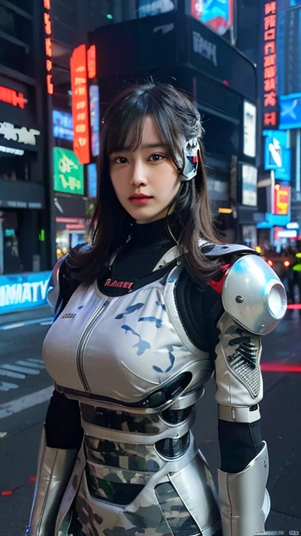 Extremely detailed CG unity 32K wallpaper, top quality, masterpiece, raw photo, photorealistic, highest resolution, professional photo, dynamic, cinematic lighting, (cyberpunk:1.4), sharp focus, depth of field, (perfect body, correct anatomy:1.5), intricately detailed face, POV, (from front:1.3), 1 girl, (female soldier:1.4), Japanese woman, solo, cowboy shot, black hair, very short hair, ultra-realistic skin, (round and slim outline of the face:1.3), (innocent face:1.1), ((narrow and dark eyes:1.2)), beautiful nose and lips, expressionless, (combat uniform:1.5), ((camouflaged, gigantic exoskeleton equipped with large laser canon:1.5)), ((perfect body proportion:1.4)), slender, beautiful breast, heavily armored body, (((mechanical outfit:1.2))), female soldier in military operation, (((walking:1.1))), (((outdoor, futuristic city, vandalized buildings, daytime:1.3)))