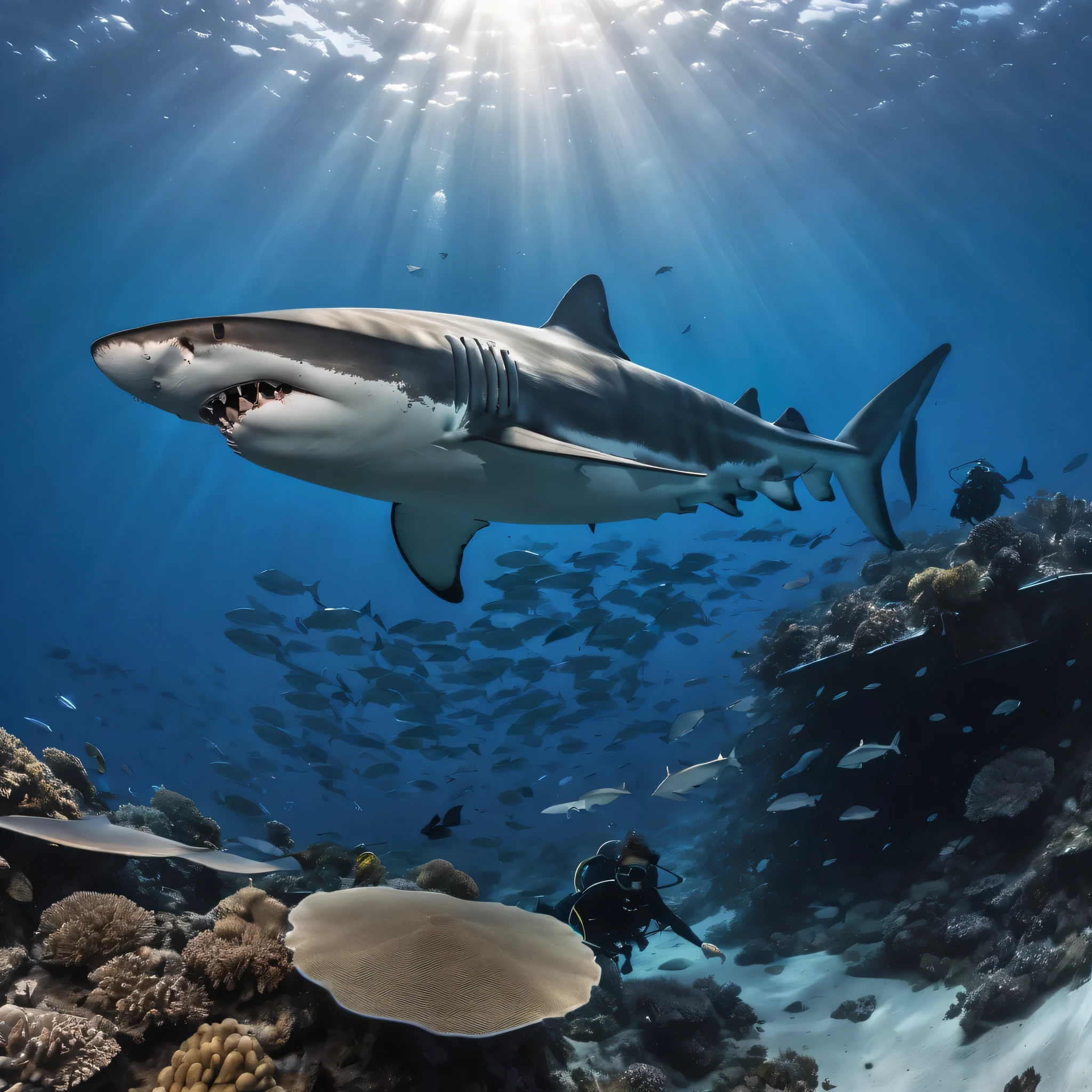 Awesome giant sharks that once roamed the oceans. in this mesmerizing shot, The massive silhouette of a megalodon looms over a group of divers exploring a coral reef. divers, Compared to giant sharks，Just a little, Provides an amazing sense of scale. 这张空中拍摄的photo捕捉到了巨齿鲨强大的存在, It’s both surprising and terrifying. photo, With its rich blue tones and ethereal lighting, Takes viewers back to a time when ancient predators ruled the oceans. Photography by David Doubilet, a famous underwater photographer，以其迷人的海洋生物photo而闻名,ultra high definition,masterpiece ,8k