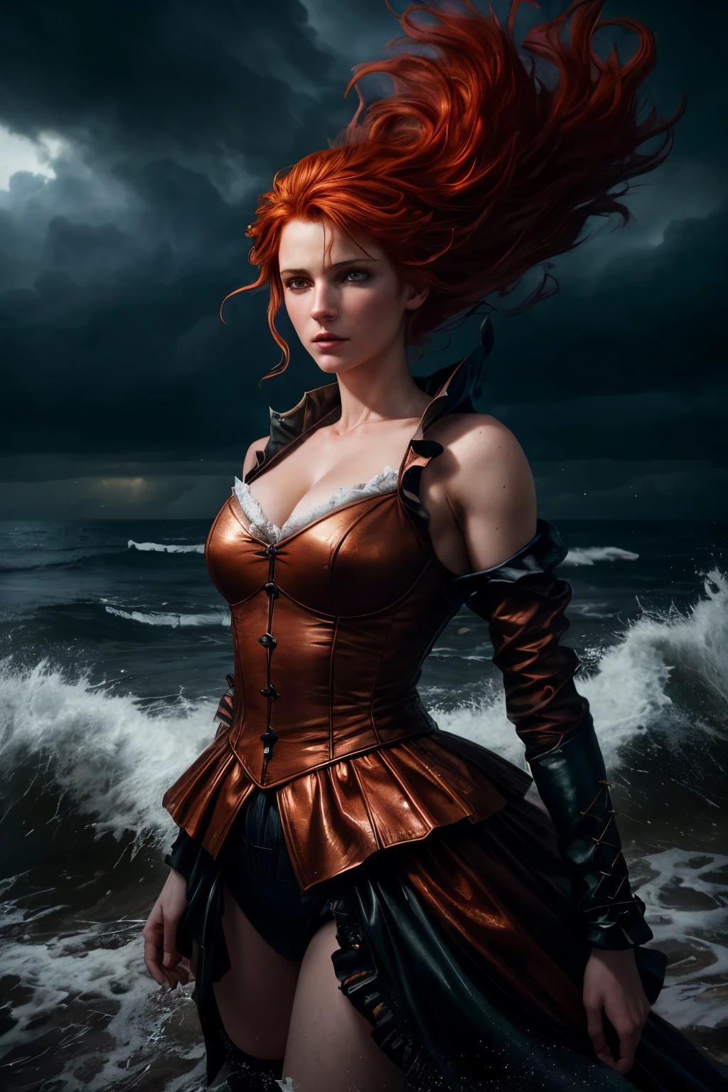 Fighting game style, (photo by Stefan Gesell), (photo by Viviane Sassen), (art by Conor Harrington), (art by Brian Oldham), (art by Julie Mehretu), (art by Dan Rickwood), (art by Alayna Lemmer), (dark art by Nicola Samori), dynamic physical event, dynamic light caustics, masterpiece, ethereal, awe beauty, volumetric Romantic lighting, petzval lens, 8k, tonemapped, warm cinematic Rembrandt light, soft focus, rim light, birth of a  girl from the sea foam, redhead, stunningly beautiful, stormy sky, Dynamic, vibrant, action-packed, detailed character design, reminiscent of fighting video games