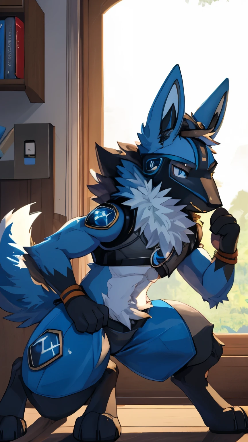 best quality, masterpiece work, high quality, Lucario (Pokemon), Male Lucario, (((Lucario's Fur))), ((Lucario's appearance)), protogen, Lucario × Protogen, strike a pose