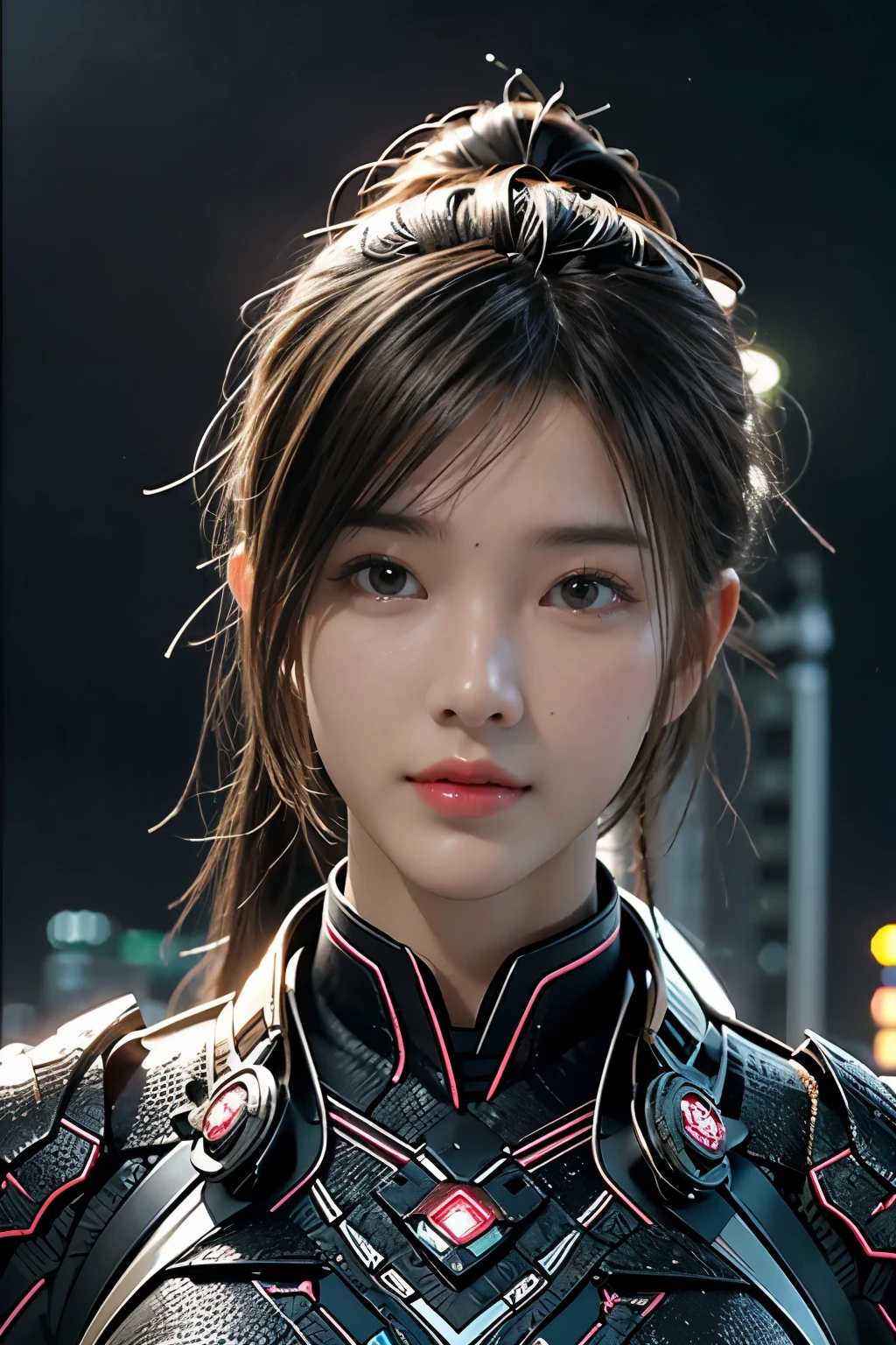 Game art，The best picture quality，Highest resolution，8K，((A bust photograph))，((Portrait))，(Rule of thirds)，Unreal Engine 5 rendering works， (The Girl of the Future)，(Female Warrior)，22岁少女，(Long hair casual)，(Future-style military wear，A beautiful eye full of detail)，(Big breasts)，(Eye shadow)，优雅迷人，微笑，(皱眉)，(Clothes full of futuristic sci-fi style，Sweater，A delicate pattern，Glittering jewels，Armor，White and red)，赛博朋克人物，未来风格， 拍照姿势，街道背景，Movie lights，Ray tracing，Game CG，((3D Unreal Engine))，oc渲染反射纹