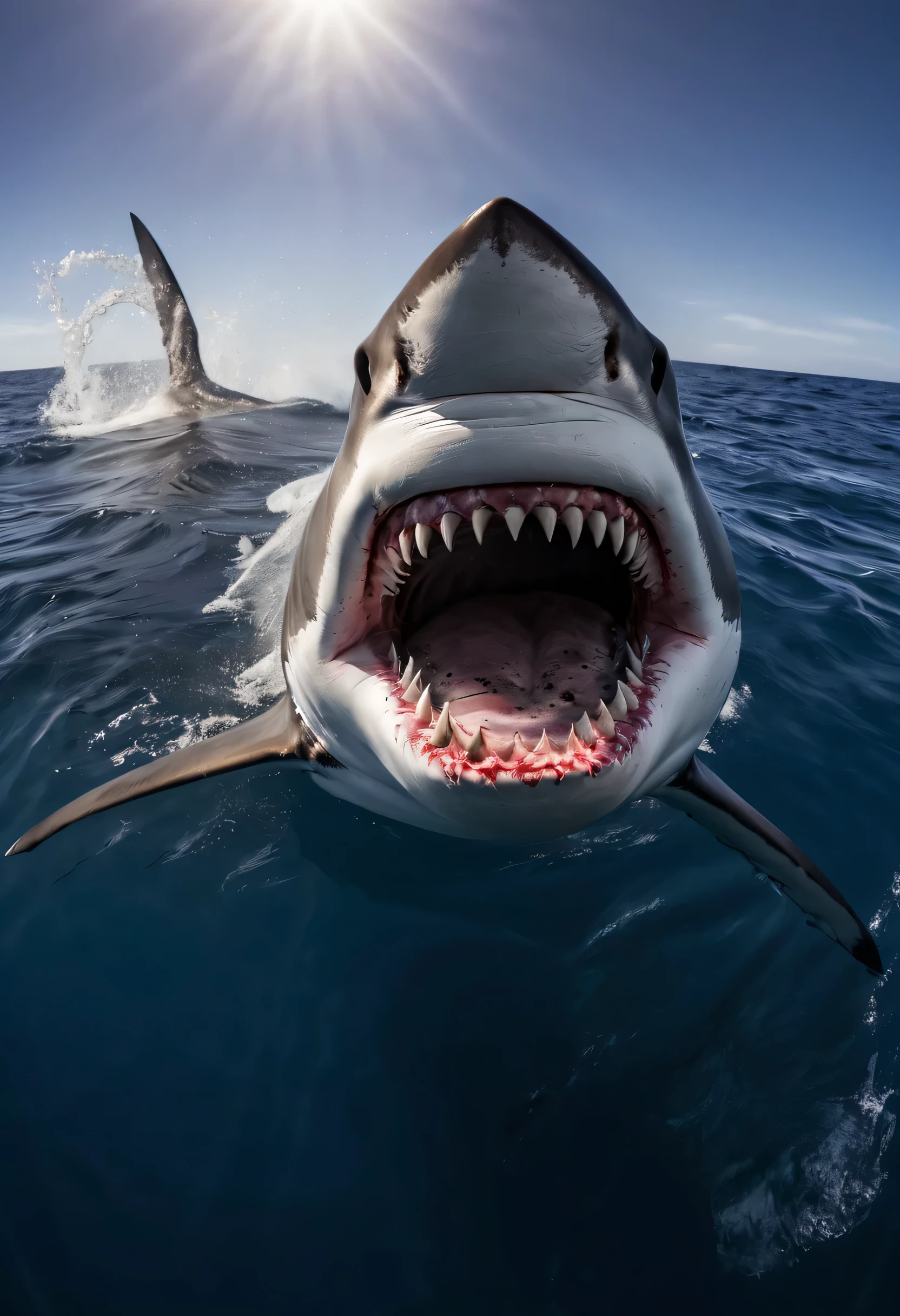 Awesome giant sharks that once roamed the oceans. in this mesmerizing shot, The massive silhouette of a megalodon looms over a group of divers exploring a coral reef. divers, Compared to giant sharks，Just a little, Provides an amazing sense of scale. 这张空中拍摄的photo捕捉到了巨齿鲨强大的存在, It’s both surprising and terrifying. photo, With its rich blue tones and ethereal lighting, Takes viewers back to a time when ancient predators ruled the oceans. Photography by David Doubilet, a famous underwater photographer，以其迷人的海洋生物photo而闻名,ultra high definition,masterpiece ,8k