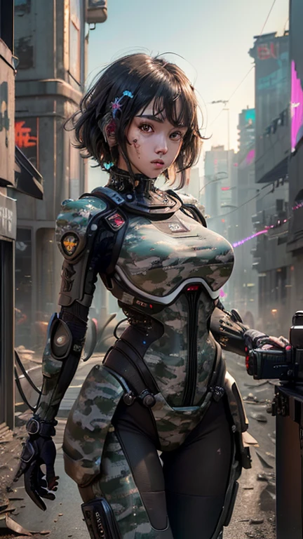 Extremely detailed CG unity 32K wallpaper, top quality, masterpiece, raw photo, photorealistic, highest resolution, professional photo, dynamic, cinematic lighting, (cyberpunk:1.4), sharp focus, depth of field, (perfect body, correct anatomy:1.5), intricately detailed face, POV, (from front:1.3), 1 girl, (female soldier:1.4), Japanese woman, solo, cowboy shot, black hair, very short hair, ultra-realistic skin, (round and slim outline of the face:1.3), (innocent face:1.1), ((narrow and dark eyes:1.2)), beautiful nose and lips, expressionless, (combat uniform:1.5), ((camouflaged, gigantic exoskeleton equipped with large laser canon:1.5)), ((perfect body proportion:1.4)), slender, beautiful breast, heavily armored body, (((mechanical outfit:1.2))), female soldier in military operation, (((walking:1.1))), (((outdoor, vandalized buildings, daytime:1.3)))