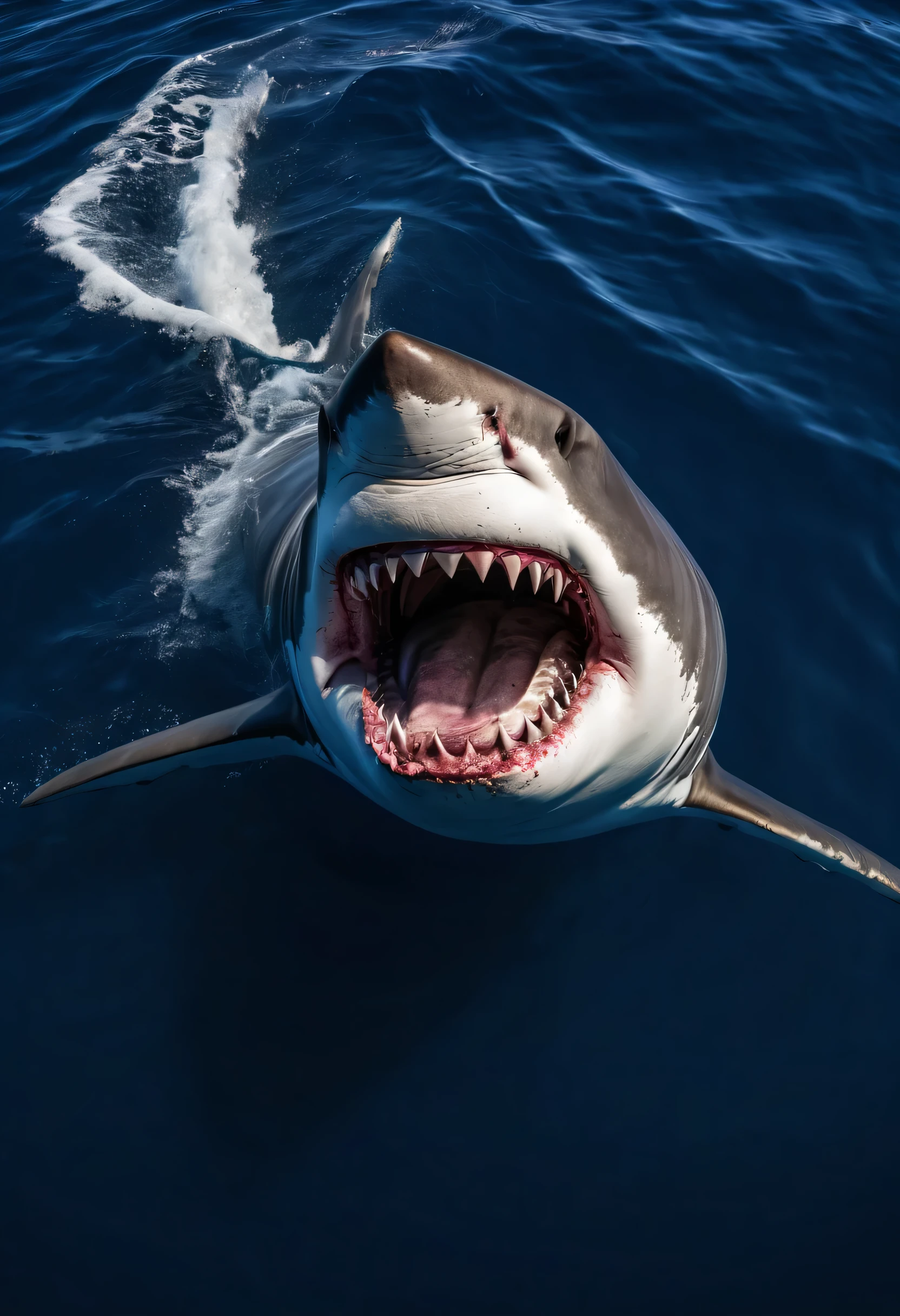 photography of huge great white shark, its jaw opens, A small boat on the water. The sheer size of sharks is amazing, Rows of sharp teeth gleaming in the sun. small boat, packed with terrified passengers, Caught in the panic moments as they desperately try to escape the predator&#39;s powerful jaws. This high-angle shot creates a sense of imminent danger，and evokes a mixture of fear and adrenaline. photo, With its bright colors and intense lighting, Takes viewers on a heartbreaking encounter with one of nature&#39;s most terrifying creatures. Photo by Chris Fallows, a famous wildlife photographer，以其迷人的鲨鱼photo而闻名,ultra high definition,masterpiece ,8k