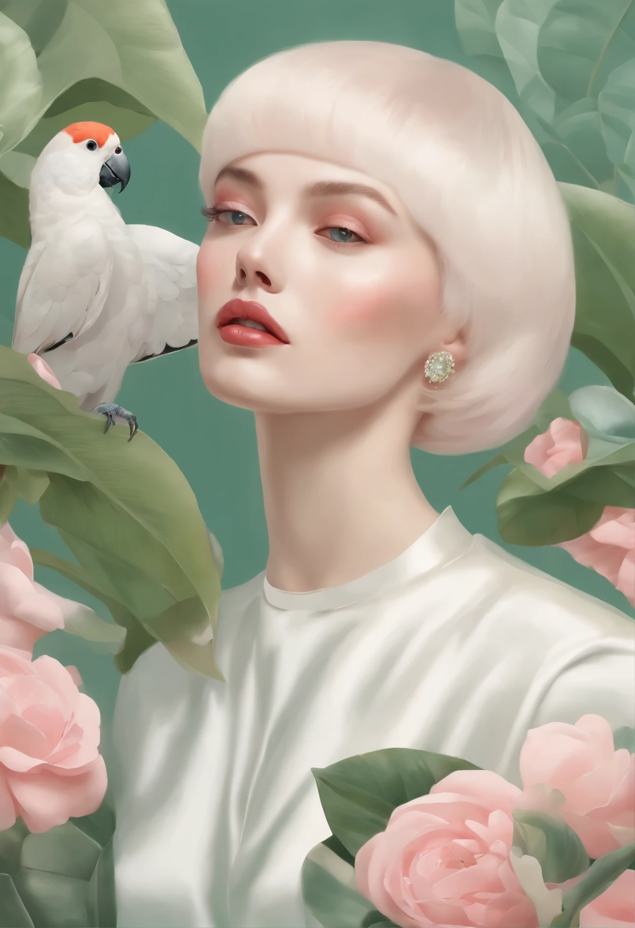 A fashion magazine, Hyperrealistic oil painting, (a pure white parrot), Short hair neutral woman, pink and emerald, Plants cover the background, style of artist hsiao-ron cheng, shiny hair, cowboy shot, Art Deco, Verism, bloom, award winning, retina