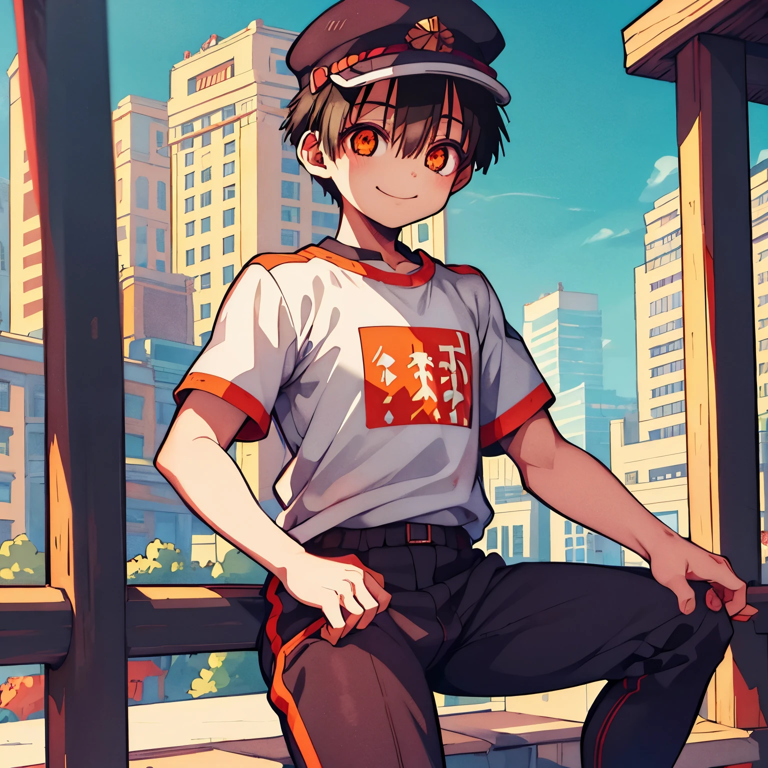 masterpiece, best quality, cg game, 1 boy, alone, male focus, looking at viewer, smiling, depth of field, black hair, orange eyes, red sports short sleeve t-shirt, athletic, big thighs, caderon, blue pants, tall skyscrapers,