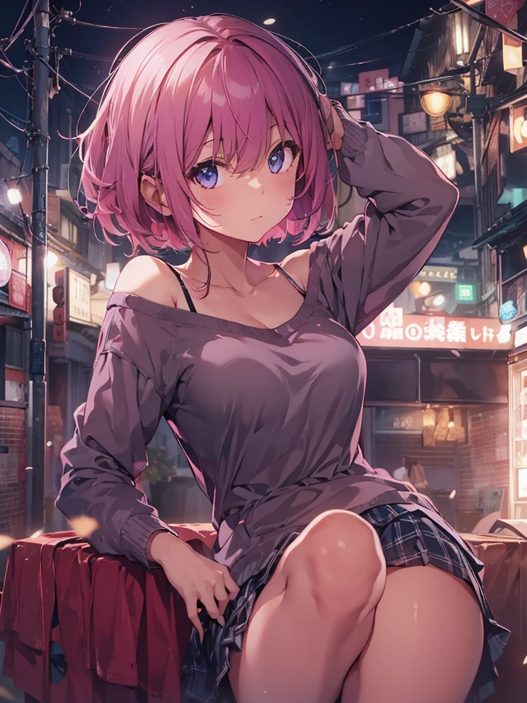 (8K、Top image quality、top-quality、​masterpiece)、A detailed face、1 girl in、A pink-haired、short hair、blunt bangs,、twintails、wavy hair、black eyes、piercings、smirk grin、Moderately breasts、Pink ruffled clothing、off shoulders、a black ribbon、Black pleated skirt、a miniskirt、White Socks、Leather shoes、Thick bottom、squatting、((white panties))、Taken from below、Downtown background at night