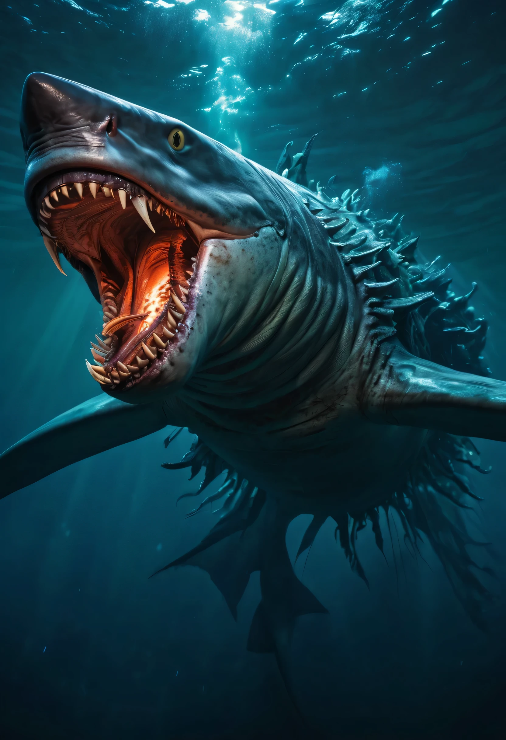 可怕的king shark与可怕的克苏鲁海怪之间的传奇. The battle takes place deep in the dangerous abyss, Illuminated by bioluminescent creatures and eerie underwater lights. king shark, muscular、agile predator,With rows of sharp teeth, Speeding through the water at lightning speed, And the Cthulhu Kraken, a huge creature,With writhing tentacles and glowing eyes, unleash its destructive power. This wide-angle shot captures the epic scale and intensity of the battle, Arouse a sense of awe and adrenaline. photo, With its underwater composition and vibrant colors, A mesmerizing account of the conflict between two ancient mythical creatures. photographed by David Doubilet, Famous underwater photographer,Known for capturing the beauty and drama of marine life. Influenced by H's works.p. Lovecraft, This image combines elements of horror and fantasy,Creates a visually stunning and gripping scene,ultra high definition,masterpiece ,8k