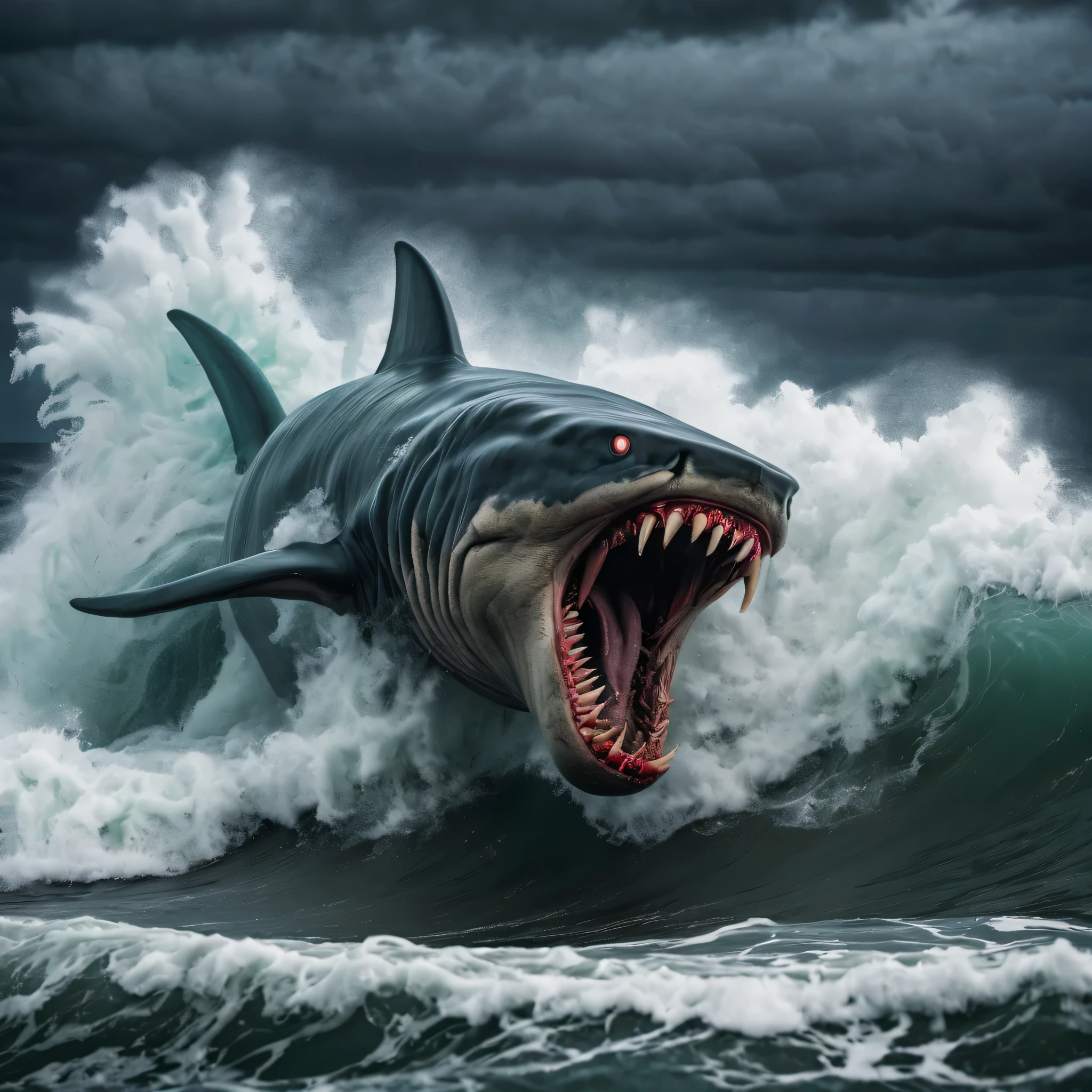 king shark与Cthulhu Sea Monster之间史诗般的战斗的战时摄影. The scene takes place amid the rough waves of a rough sea, Dark clouds loom. king shark, an awesome creature,with smooth, Muscular body and sharp teeth, Sprint forward at lightning speed, jaw open. Cthulhu Sea Monster, A huge one、beast with tentacles,The eyes glow red, retaliate with great force, Fiercely slapping huge limbs,Exudes an otherworldly atmosphere. This intense close-up captures the brutality and power of battle, evoke a sense of awe and danger. photo, With its dramatic composition and dynamic lighting, Is proof of the conflict between ancient ocean titans. Photo by Steve McCurry, Famous war photographer known for capturing the raw emotion of conflict. Influenced by the dramatic compositions of classic nautical paintings, 这张photo将自然的原始力量与汹涌的大海背景并置,ultra high definition,masterpiece ,8k