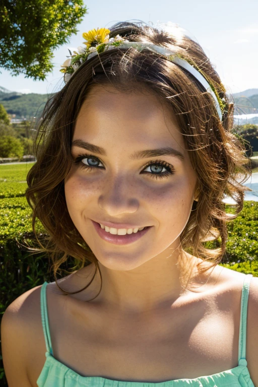 best quality,ultra-detailed,realistic,photography,portrait,young girl,beautiful detailed eyes,beautiful detailed lips,adorable,innocent, curly hair,expressive face,freckles,soft lighting,vivid colors,playful expression,summer dress,flower crown,smiling,joyful,green garden,happy atmosphere,natural background,blonde hair,shining eyes,intelligent look,bright personality,enchanting,sparkling personality,youthful spirit,cheerful disposition,dreamy, lively, lively, energetic, vibrant, carefree, caucasian girl