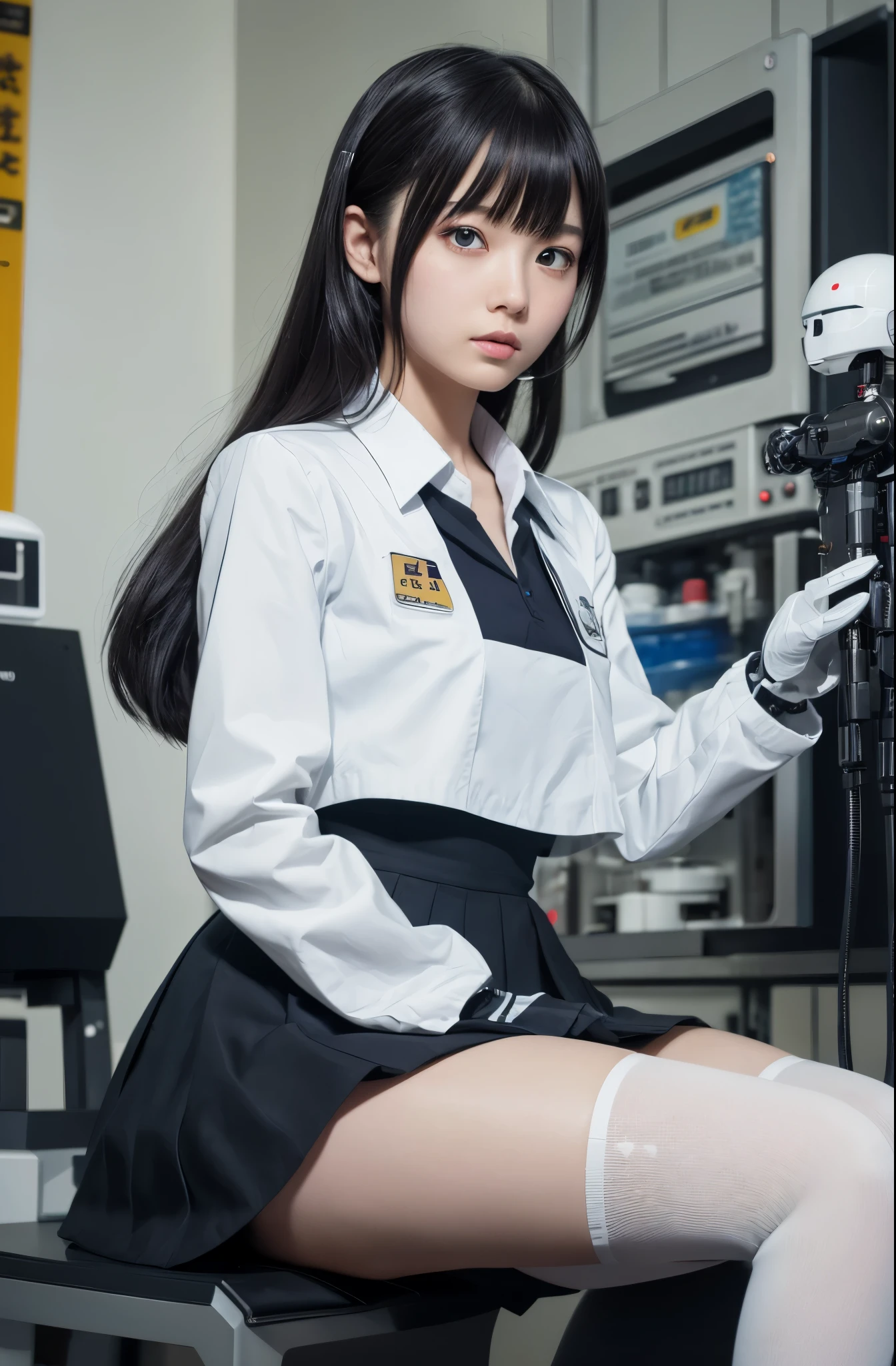 masutepiece, Best Quality, Extremely detailed, (Photorealistic:1.4),(Raw photo) (8K, 4K, Best Quality, hight resolution, 超A high resolution:1.1), (masutepiece, Realistic, Photorealsitic:1.1), 1girl in, Japaese Cyborg highschool Girl,Plump ,Navy Pleated Mini Skirt,Black tights,control panels,android,Droid,Mechanical Hand, ,Robot arms and legs, Black Robot Parts,Black hair,Mechanical body,Blunt bangs,White abdomen,White Robotics Parts,perfect robot woman,The laboratory of the future,cyberpunked,Charging spot,android factory,Robot Factory,cyborg factory,Long Tube,A thick cable connects her neck,ceramic body ,complete eyes,Striking eyes,Mechanical body,android,robot humanoid,japanese shighchool girl uniform