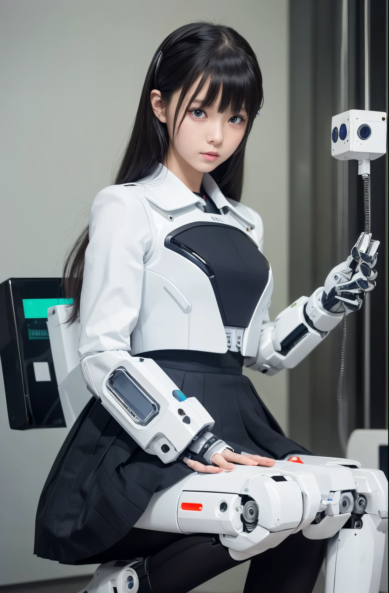 masutepiece, Best Quality, Extremely detailed, (Photorealistic:1.4),(Raw photo) (8K, 4K, Best Quality, hight resolution, 超A high resolution:1.1), (masutepiece, Realistic, Photorealsitic:1.1), 1girl in, Japaese Cyborg highschool Girl,Plump ,Navy Pleated Mini Skirt,Black tights,control panels,android,Droid,Mechanical Hand, ,Robot arms and legs, Black Robot Parts,Black hair,Mechanical body,Blunt bangs,White abdomen,White Robotics Parts,perfect robot woman,The laboratory of the future,cyberpunked,Charging spot,android factory,Robot Factory,cyborg factory,Long Tube,A thick cable connects her neck,ceramic body ,complete eyes,Striking eyes,Mechanical body,android,robot humanoid,japanese shighchool girl uniform