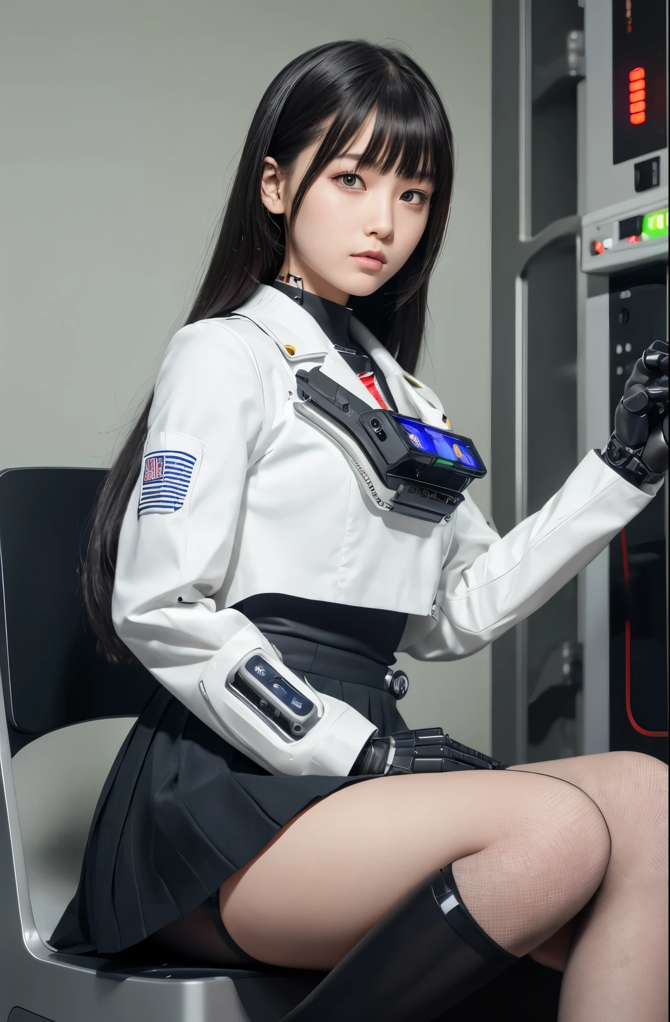 masutepiece, Best Quality, Extremely detailed, (Photorealistic:1.4),(Raw photo) (8K, 4K, Best Quality, hight resolution, 超A high resolution:1.1), (masutepiece, Realistic, Photorealsitic:1.1), 1girl in, Japaese Cyborg highschool Girl,Plump ,Navy Pleated Mini Skirt,Black tights,control panels,android,Droid,Mechanical Hand, ,Robot arms and legs, Black Robot Parts,Black hair,Mechanical body,Blunt bangs,White abdomen,White Robotics Parts,perfect robot woman,The laboratory of the future,cyberpunked,Charging spot,android factory,Robot Factory,cyborg factory,Long Tube,A thick cable connects her neck,ceramic body ,complete eyes,Striking eyes,Mechanical body,android,robot humanoid,japanese shighchool girl uniform