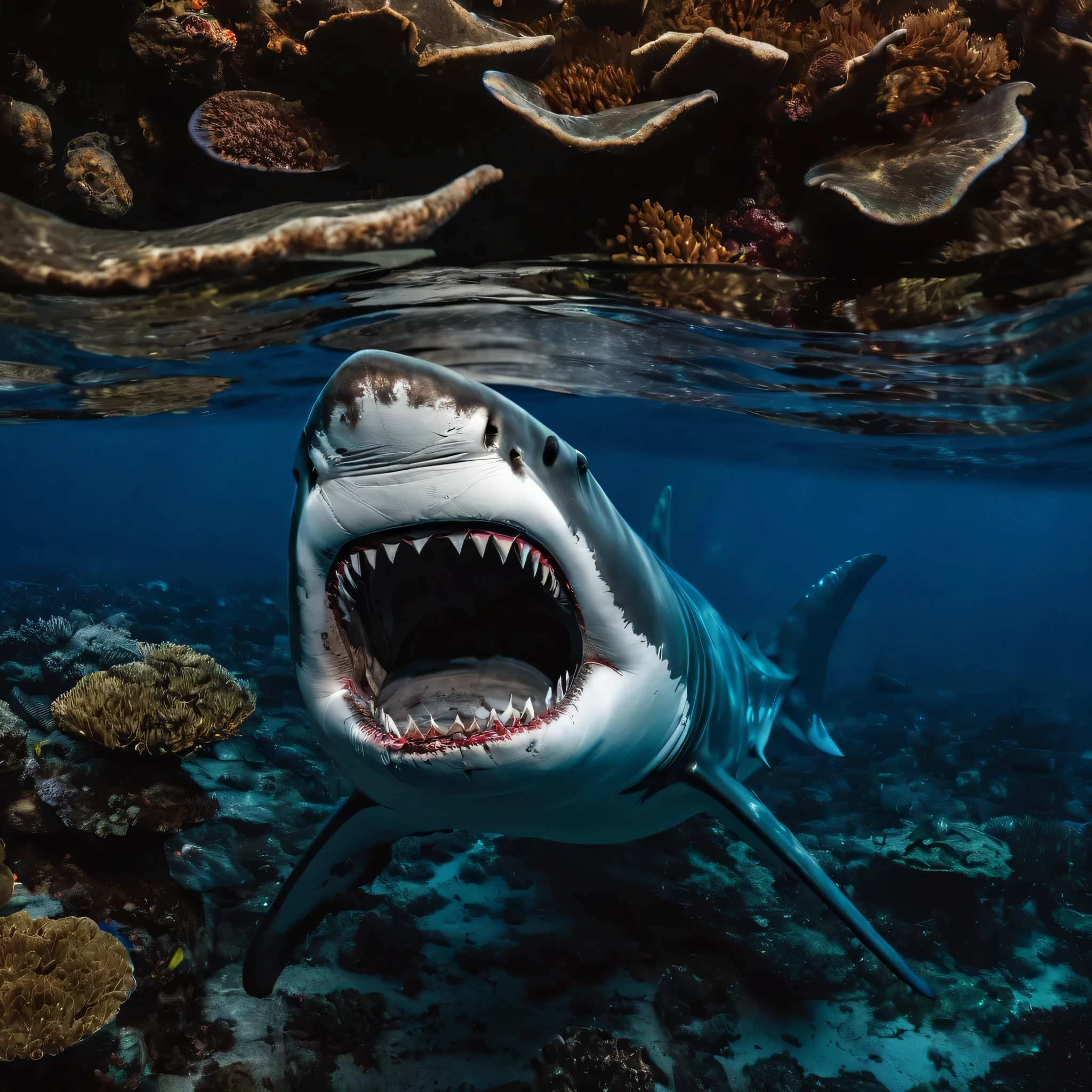 Awesome giant sharks that once roamed the oceans. in this mesmerizing shot, The massive silhouette of a megalodon looms over a group of divers exploring a coral reef. divers, Compared to giant sharks，Just a little, Provides an amazing sense of scale. 这张空中拍摄的photo捕捉到了巨齿鲨强大的存在, It’s both surprising and terrifying. photo, With its rich blue tones and ethereal lighting, Takes viewers back to a time when ancient predators ruled the oceans. Photography by David Doubilet, a famous underwater photographer，以其迷人的海洋生物photo而闻名,ultra high definition,masterpiece ,8k