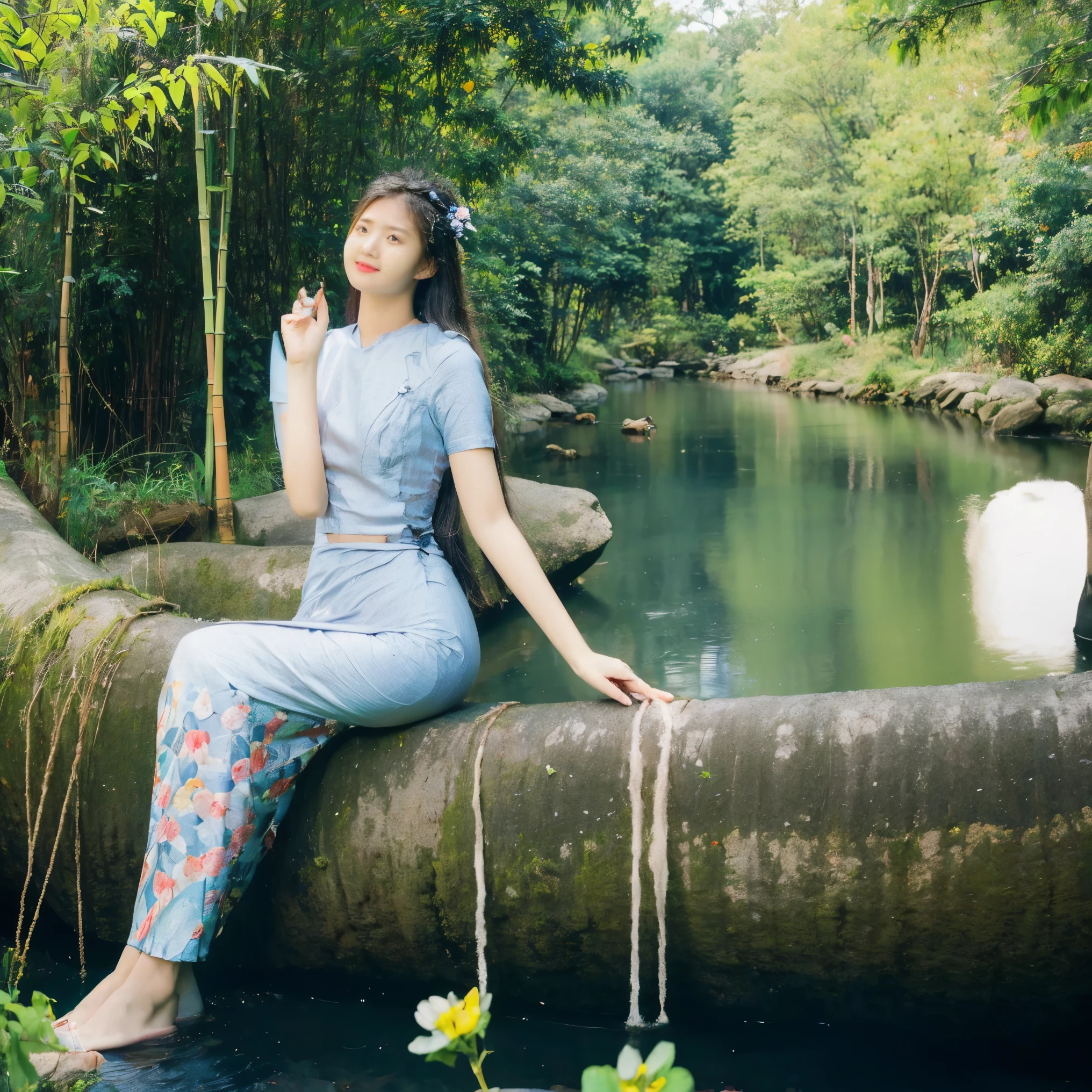 1girl,25 year old, perfect beauty breats, perfect beautiful face and skin, perfect body fix, perfect beautiful finger, free hand, s curve pose, fullbody view,On a bamboo bridge over a small stream in the forest, acmm thanaka apply on face, acmm thanaka makeup,
ACMM SS OUTFIT, WEARING ACMM TOP, OCEAN BLUE PATTERM ACMM TOP, SHORT SLEEVES, BUTTONS, WEARING ACMM LONG SKIRT, OCEAN BLUE WITH FLOWER DESIGN PRINTED ACMM LONG SKIRT, There are jasmines and violets;  beautiful fingers  very lovely face  beautiful skin  Her beautiful dark long hair was decorated with small flowers.  Describe it like a painting with a very beautiful village background. 4k, 8k. realistic, photography, soft light, soft beauty skin and glow, perfect body view, portrait and landscape, amazing beautiful picture: detailed, perfect cute (eye, mouth, lip, hand, finger, leg), many flying batterfly,  