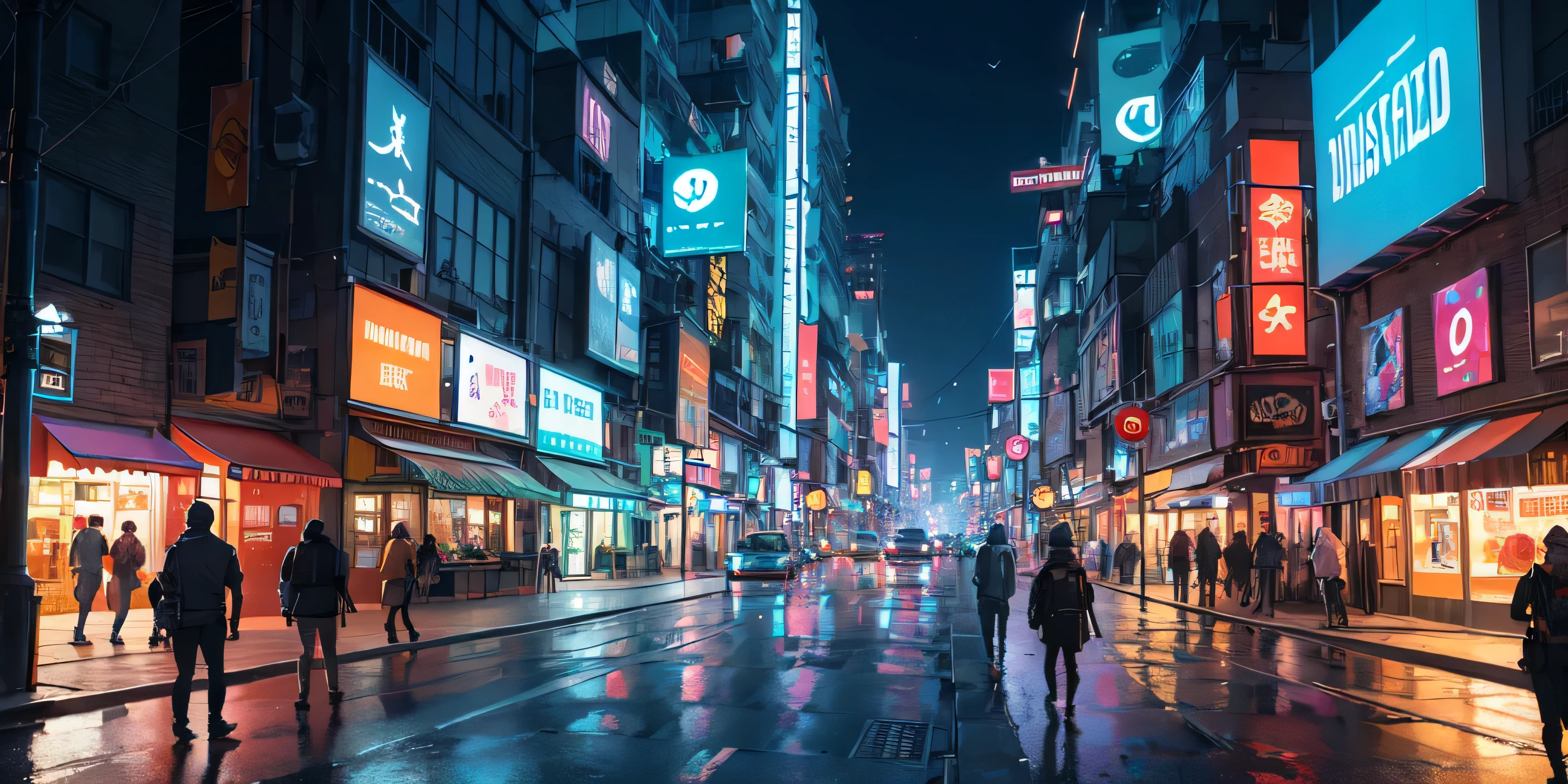 A painting of a small cyberpunk town Street, night time, 2d/3d mashup poster design, style of duelyst, futuristic but colorful shading, monolith, lowres, official artwork, inspired by James Gilleard, conceptual art, trending on artstation, beeple colors