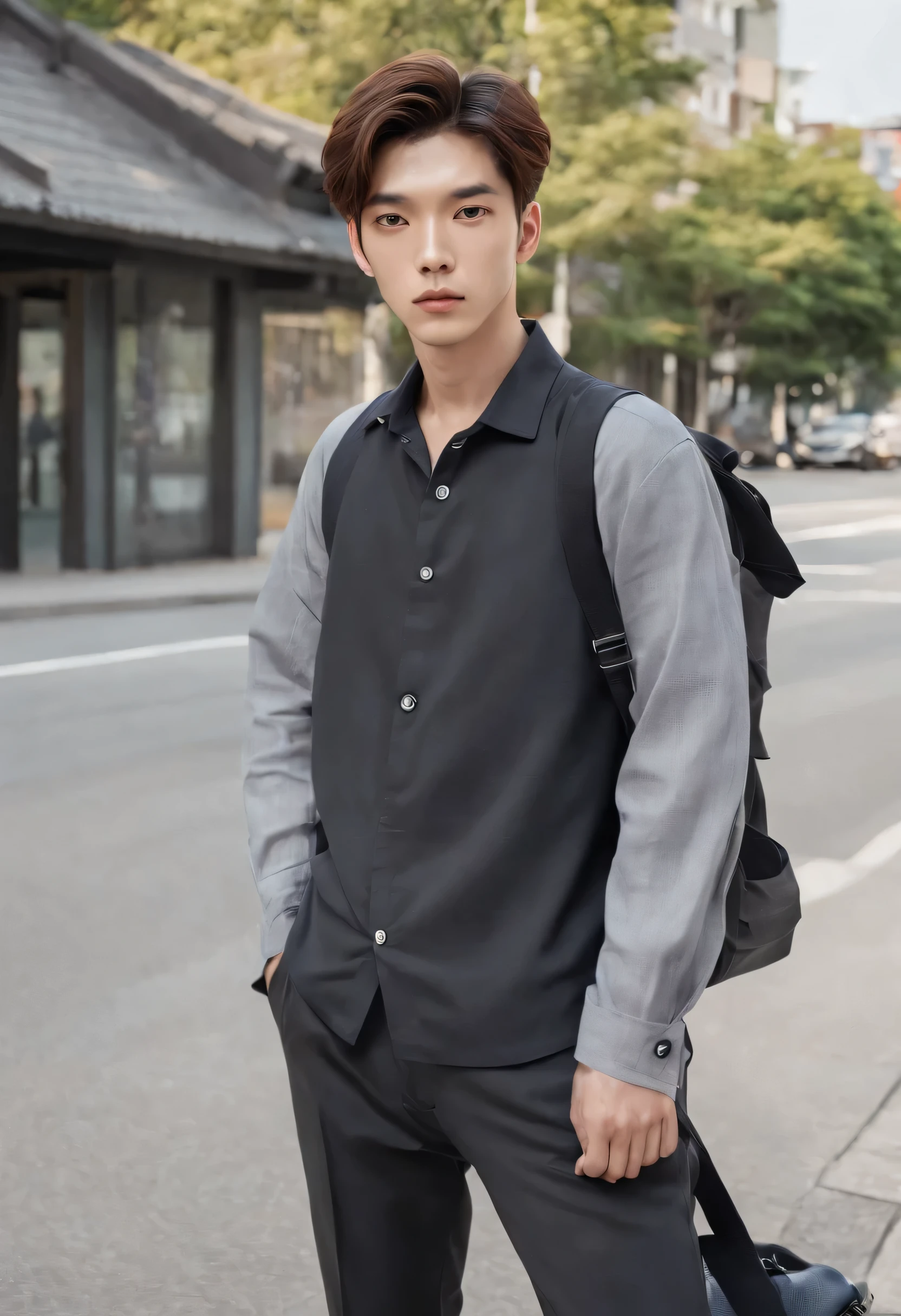 (a 18 year olds handsome boy, half frame), (wearing white shirt), ((background new york street ))