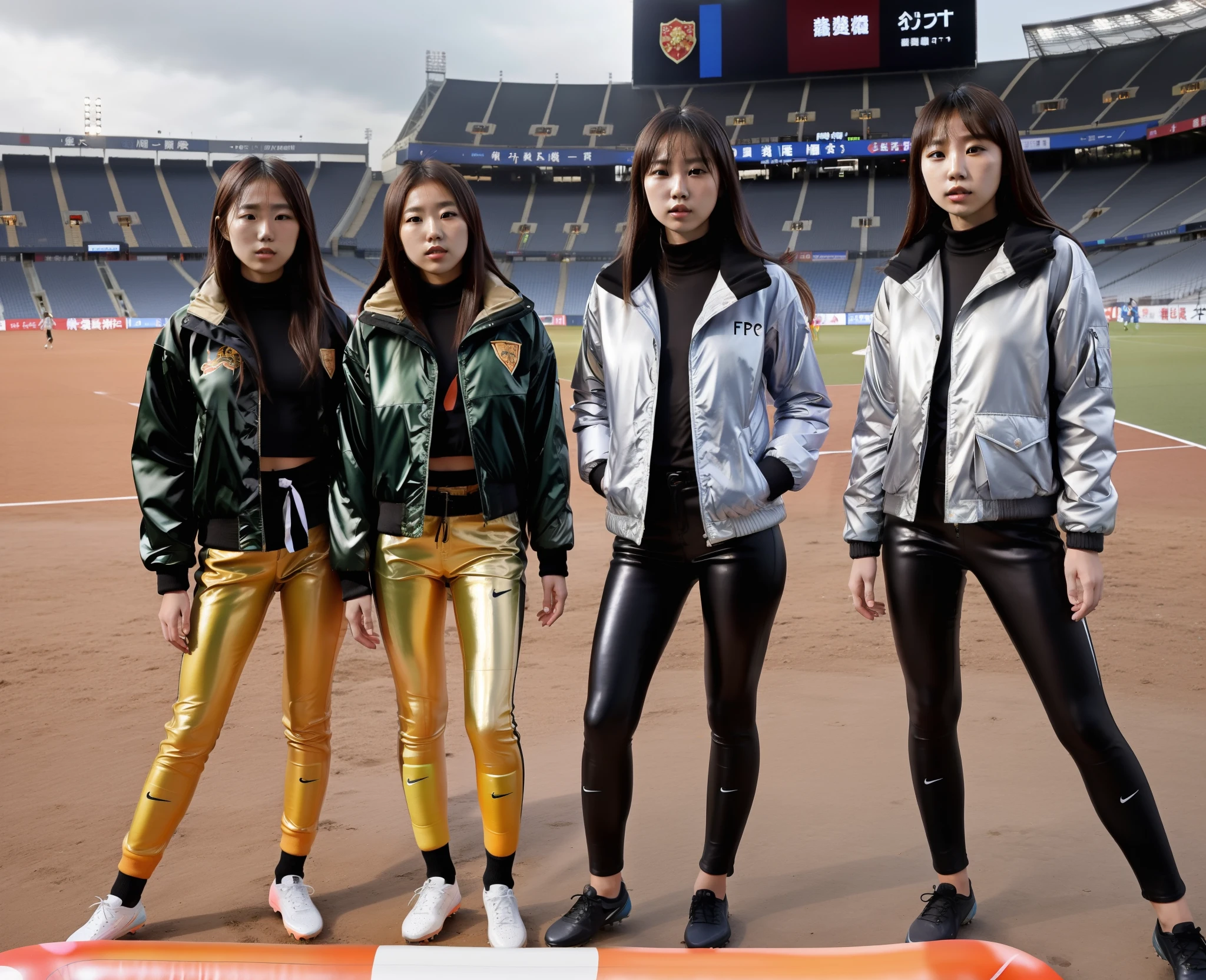 there is an orange rescue stretcher being placed on the ground in the foreground, there are fpor attractive girls in shiny down jackets, japanese girls in inflatable jackets, four chinese girls are standing inside a soccer arena