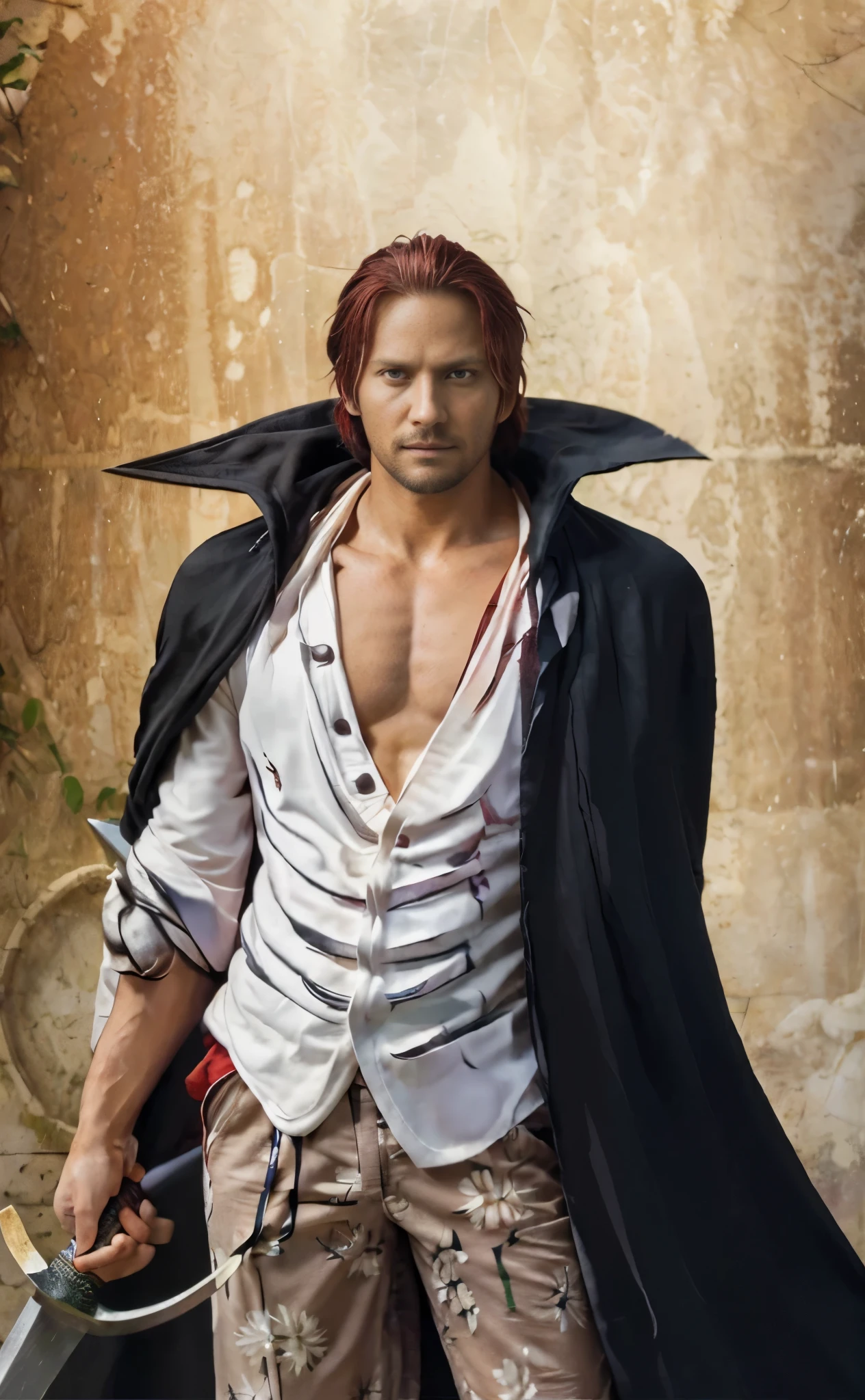 (masterpiece), (realistic), (ultra detailed), ( high reest quality), (photorealistic), (perfect face), (perfect anatomy), man, male, solo, ameican, (((35 years old))), ((muscular)), shanks from one piece, shanks, red hair, part of the character's hair to the front, wears white clothes, ((wears a black robe)), wearing light brown pants with a floral pattern, (((karakter tersenyum jahat))), (((the character's right hand holds a sword))), behind the character is a brown wall