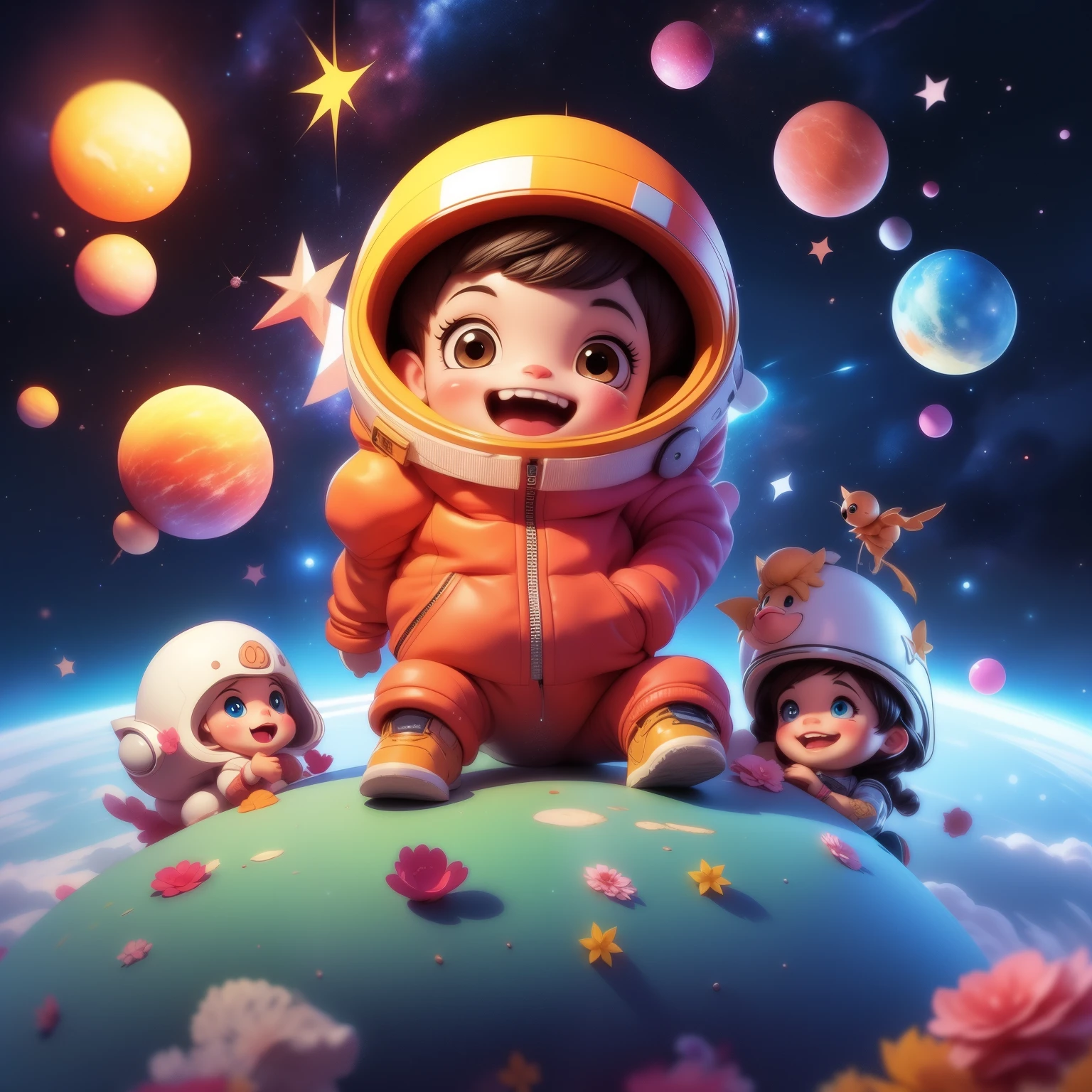 Universe, Space, planet, children, cute style, cartoon style, starry sky,