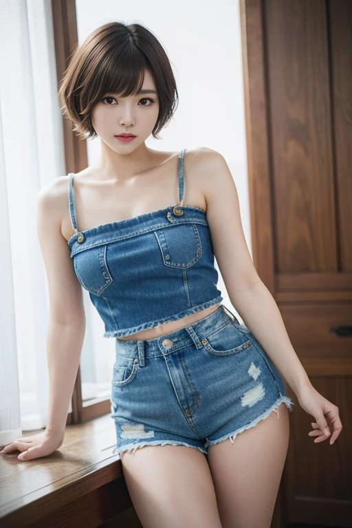 short-cut hair,Beautiful,K-pop idol,japanese idol,Japanese actress,high resolution,Beautiful skin,8k,RAW photo,best quality,masterpiece,realistic,photo-realistic,clear,professional lighting,beautiful face,best quality,ultra high res,whole body,sexy,beautiful legs,Denim shorts