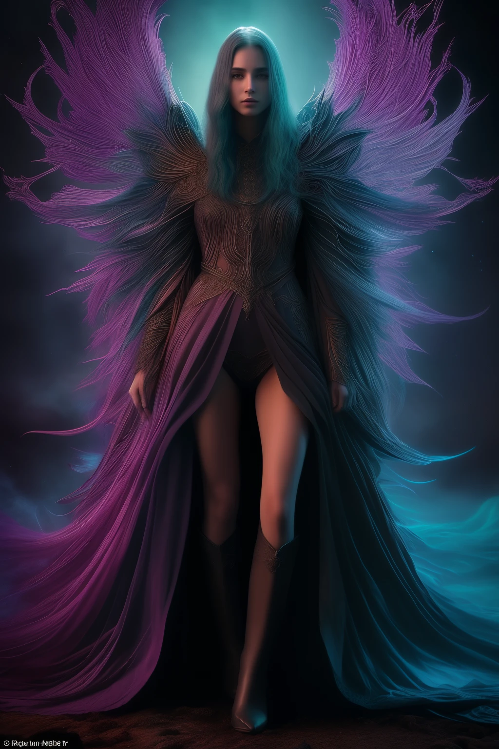 In the realm of fantasy art, a scene unfolds as celestial beings, draped in shadows, sit calmly on the ground. Their radiant forms exude an aura of tranquility as they focus on the cosmic vibrations around them. This hyperdetailed, vapor-infused piece is a testament to beauty in the dark.
The beings, with ethereal colors and intricate features, convey a sense of majesty and otherworldly power. Every strand of their vibrant hair, every fold in their flowing robes is meticulously rendered in this cosmic cinematic photoshoot. The use of stark contrasts, deep colors, and intricate textures creates
