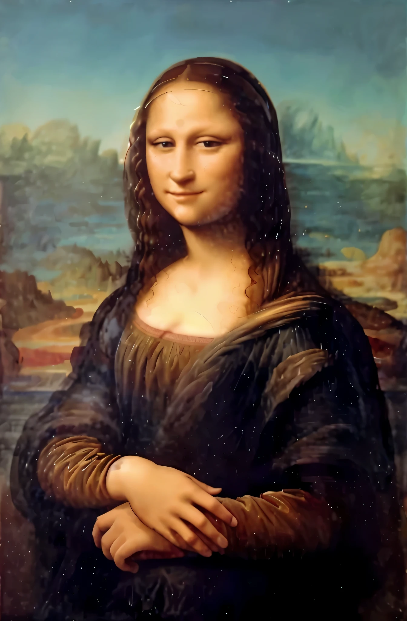 Araaf's portrait of a woman with a smile, ((the Mona Lisa)), portrait of the Mona Lisa, Mona Lisa, Mona Lisa style, the Mona Lisa, painting of Mona Lisa, Mona Lisa as a real person, Mona Lisa painting, similar to the Mona Lisa, Mona Lisa, Leonardo da Vinci style, Leonardo da Vinci), Leonardo da Vinci