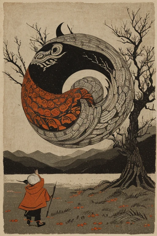 ((jumpscare)), Outline warm color, ((festival)), ((Chojugiga)), ((Shihon Bokuga)), antique, (anthropomorphism), (Sumi-e), Monochrome art, (Old paper style illustration), (hunting paintingural style, Little monster, old performance, variational pointillism, flat illustration, eerie, horror elements, eerie worldview, (primitive art), Outline warm color, old picture scroll style, old staging, Ancient mural style