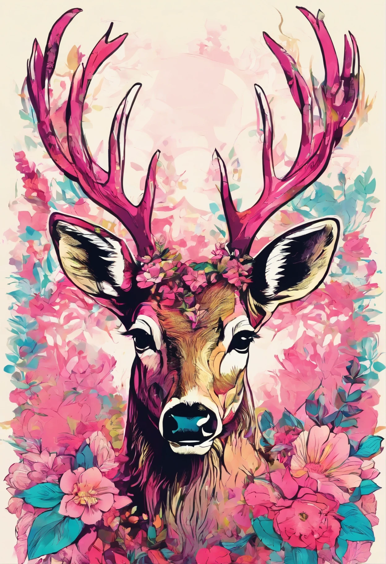 Deer, Surrounded by Pink Flowers, Face Front, 4K, High Quality, Flower on the head, Sunny, Realistic