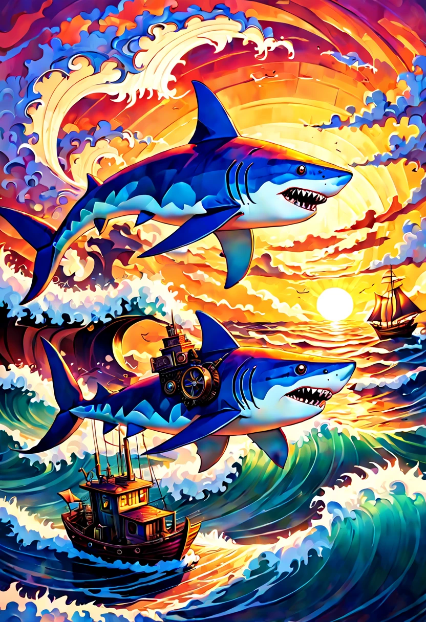 neo-impressionism expressionist style showing a steampunk mechanical shark with bright glowing eyes jumping out of a wave, striated clouds, beautiful warm origami sunset, tiny boat in background, crashing waves, vector fractal, wave function, zentangle, deep vibrant warm soothing colors, smooth post-impressionist impasto oil painting, volumetric lighting, volumetric cloud, ultradetailed shadows