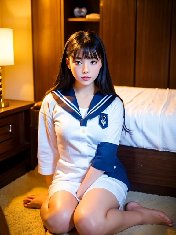 A young woman wearing a sailor suit is sitting。A dimly lit private room in an adult entertainment shop with a bedroom and bath attached.。There are many bath towels on the shelf。There is a clock and a tissue box on the bed.。