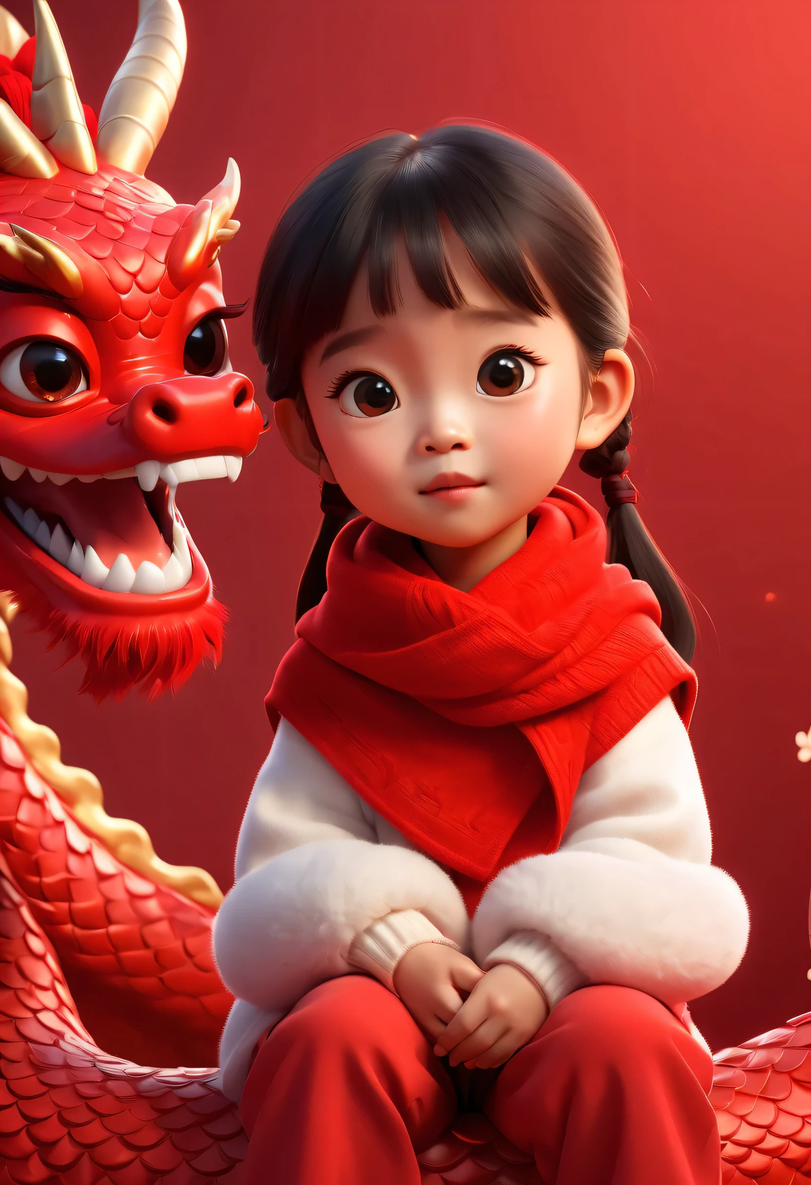 
Pixar style, A cute little Chinese girl, Wearing a red sweater and sitting on a red dragon head, little girl wearing red wool scarf, exaggerated expression, Pure Chinese red background, big red background, very festive, Chinese elements, welcome the new year, Commercial Photography, glow, Divine Thunder, Ray tracing, backlight, 32k