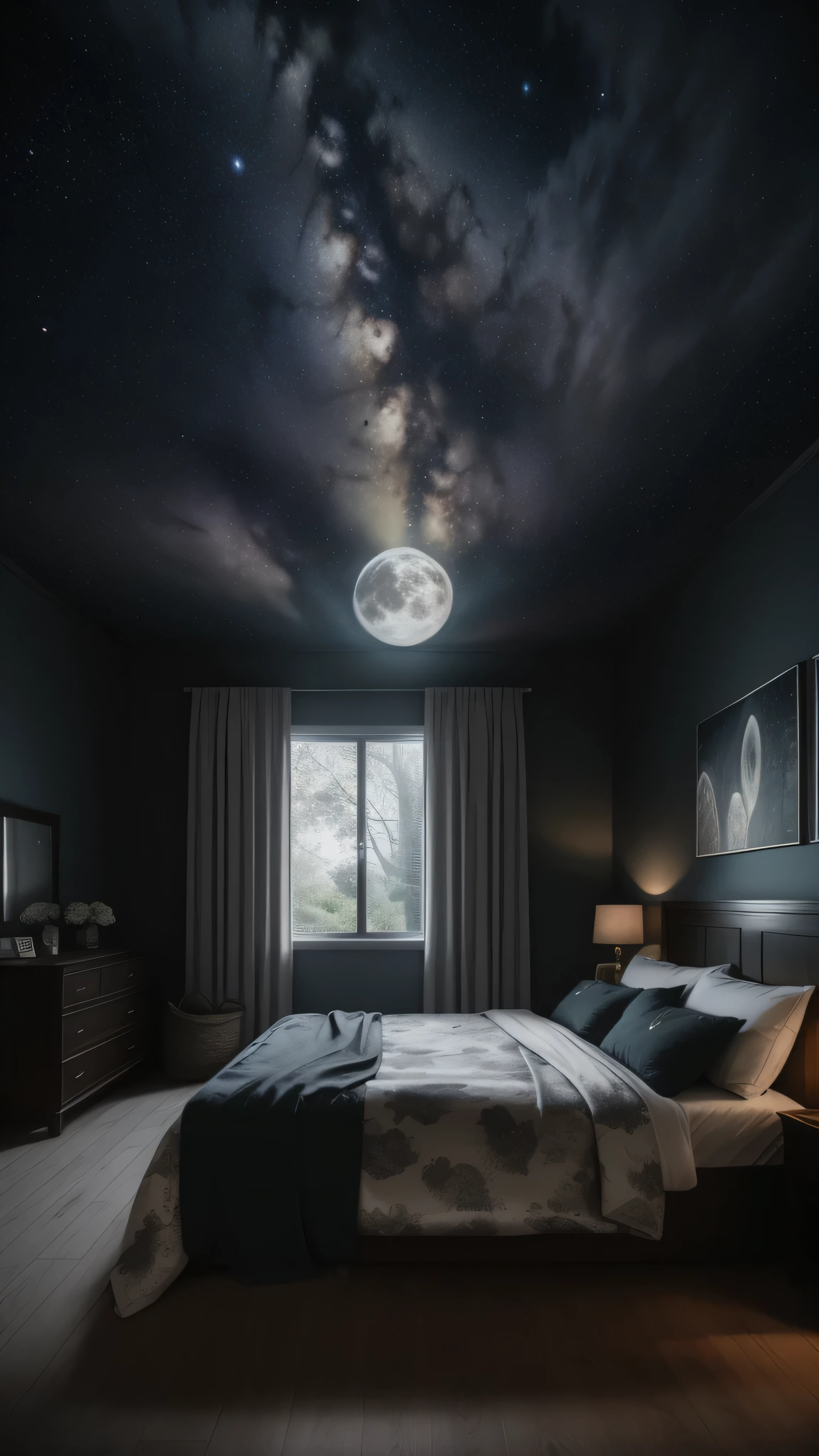 night, dark, moonlight, big bed, lots of blankets, landraw, nigth, soft light, (masterpiece),(high quality), best quality, real,(realistic), super detailed, (full detail),(4k),8k,interior,bedroom, dark room, nigth