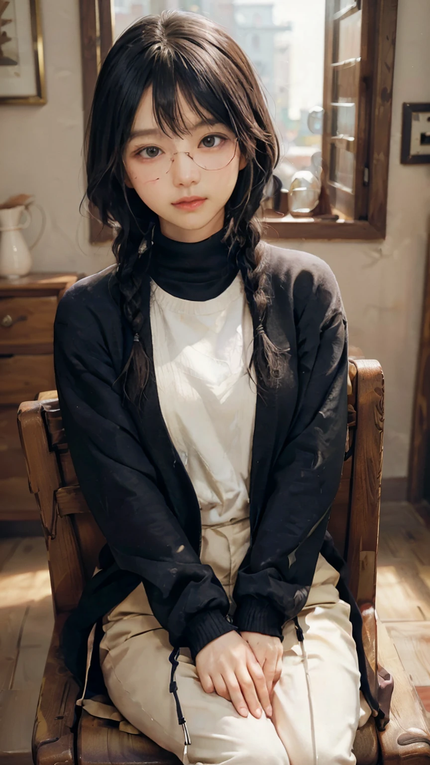 masterpiece, highest quality, one woman, Japanese people in their 20s, (black hair, very short hair, two braids, curly hair, With bangs), (symmetrical beauty, small face, sharp outline, thick eyebrows, dark eyebrows, realistic eyes, double eyelid, droopy eyes, small nose, thick lips, close your mouth), (smile, shy smile), (rimless glasses, glasses with small lenses, square lens), (wheat-colored skin, realistic skin texture, I cup breasts, Slightly plump body type), (jacket:long beige coat, inside:black turtleneck sweater, pants:dark blue long jeans, brown long boots), (sitting, on the chair, Show the whole body, Even the shoes are shown), The background is a Western-style cafe, (face directly toward the camera, looking directly at the viewer, looking at the camera, The whole body is facing towards the viewer., whole body facing towards the camera, face looks straight into the camera).
