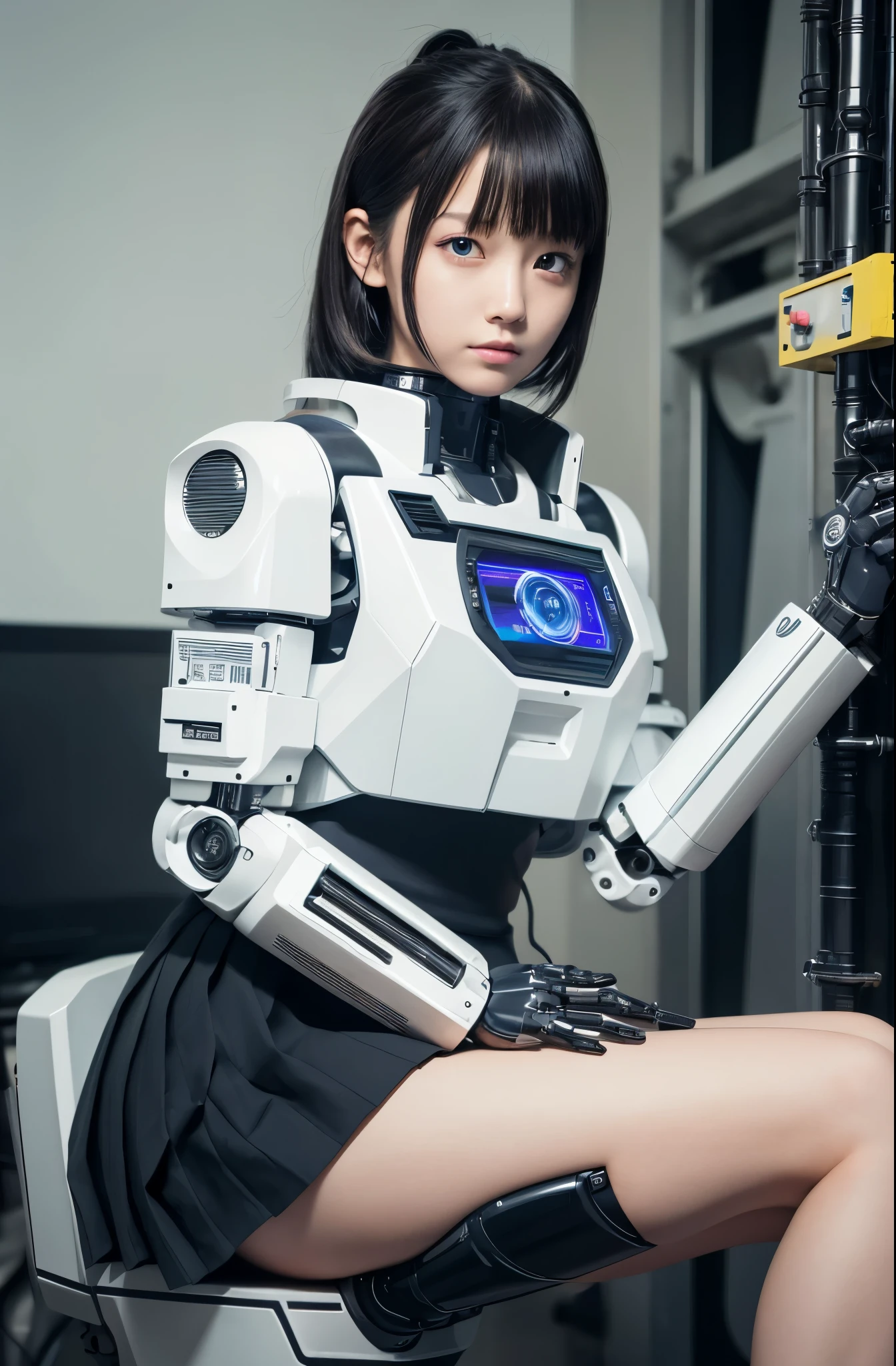masutepiece, Best Quality, Extremely detailed, (Photorealistic:1.4),(Raw photo) (8K, 4K, Best Quality, hight resolution, 超A high resolution:1.1), (masutepiece, Realistic, Photorealsitic:1.1), 1girl in, Japaese Cyborg highschool Girl,Plump ,Navy Pleated Mini Skirt,Black tights,control panels,android,Droid,Mechanical Hand, ,Robot arms and legs, Black Robot Parts,Black hair,Mechanical body,Blunt bangs,White abdomen,White Robotics Parts,perfect robot woman,The laboratory of the future,cyberpunked,Charging spot,android factory,Robot Factory,cyborg factory,Long Tube,A thick cable connects her neck,ceramic body ,complete eyes,Striking eyes,Mechanical body,android,robot humanoid,japanese shighchool girl uniform,perfect robot girl