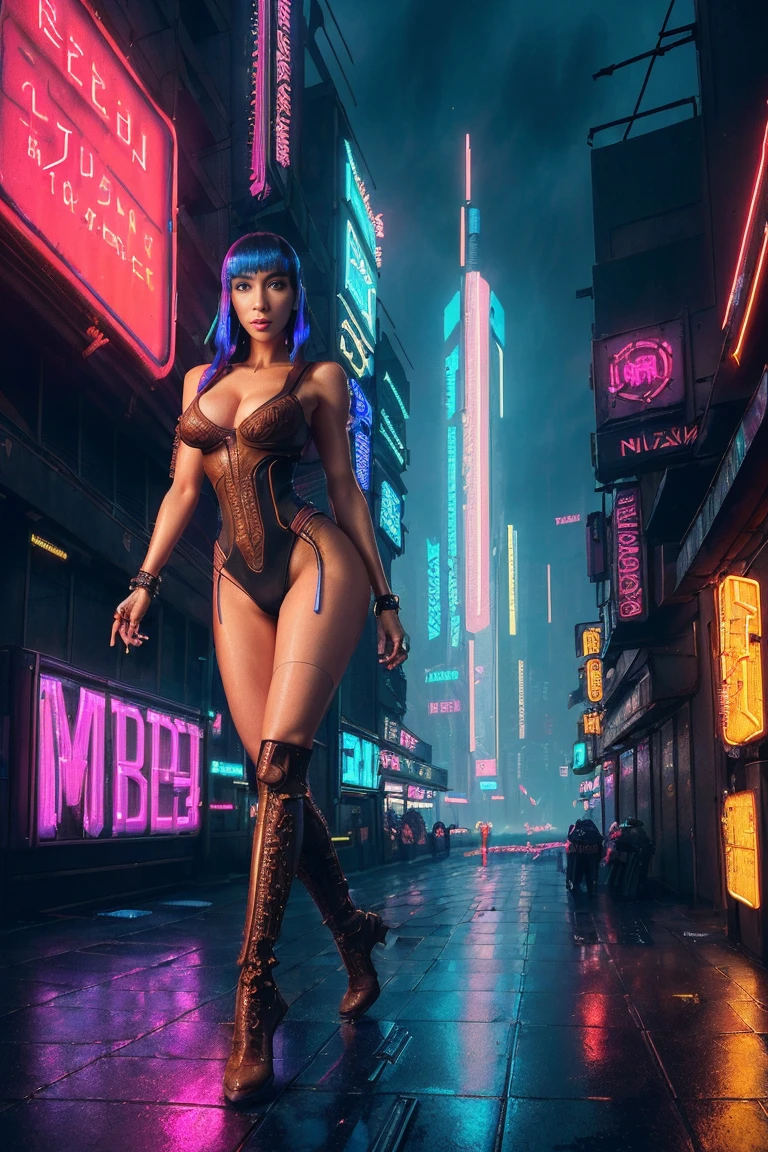 (Medium shot, upper body portrait:1.5) photo of a happy 24 year old Uzbekistan woman with (Blue eyes), light skin, Medium natural (brown hair:1.3). She is young, athletic with (medium breasts:1.3), (perfect hands).
Photo in the (style of Blade Runner:1.3). She is wearing Coral lace cropped jacket and booty shorts with cyberpunk straps, high heel boots. She is walking along a sidewalk in a futuristic cyberpunk dystopian city, neon lights, neon signs, monolithic skyscrapers and people in the background. Science fiction futuristic (cyberpunk style:1.5). Outside, evening, (dark, gloomy:1.5) and foggy, detailed skin texture, detailed cloth texture, beautiful detailed perfect face, intricate sharp details, ultra high res.