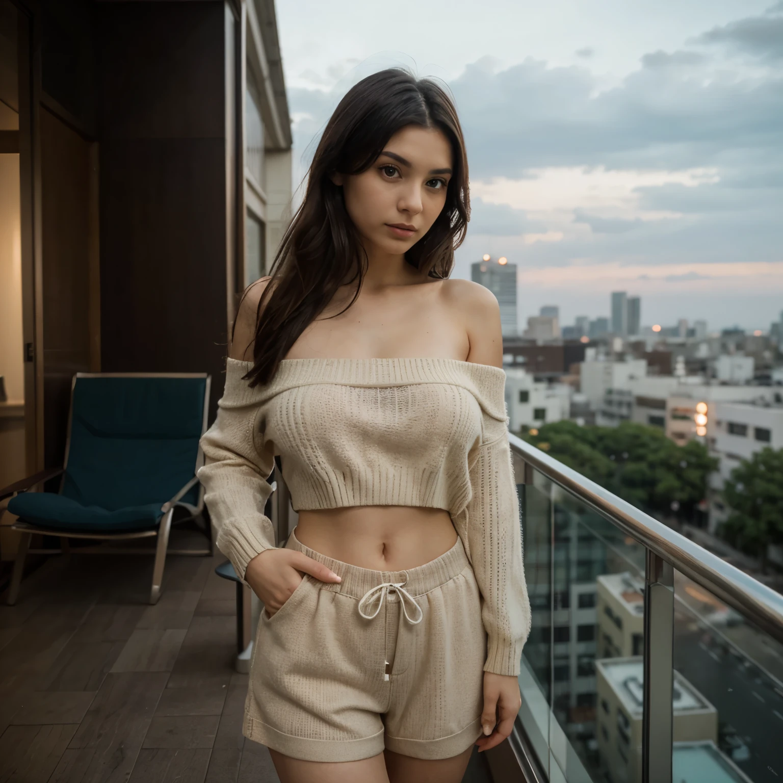 Masutepiece、highest qualityr、high resolusion、Eleonora Pavinato, 23 years old, Younger headshot, shoulder length Brown hair, Beautiful firm breasts are comb big oczami seksowna, realistic skin, beautiful refined skin, real skin texture, Tokyo hotel balcony, overlooking skyline, in beige off-shoulder sweater and lounge shorts, reflective, city lights background, wide angle shot