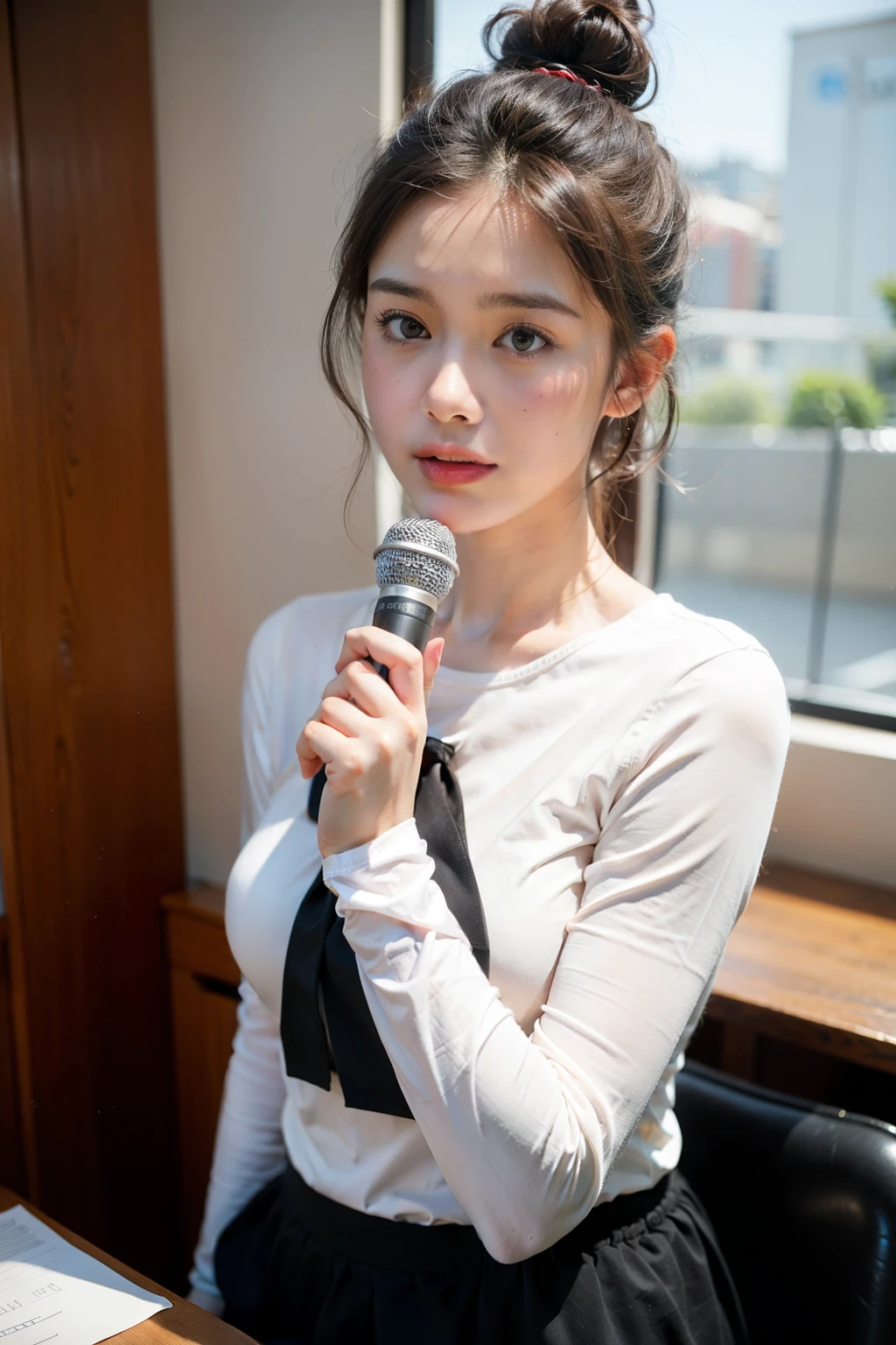 ((best quality)), ((masterpiece)), (detailed), Background in the office,Female upper body,Naturally shy face,Talking with a microphone in hand,long sleeve work,Hair tied up,There is a cute cat next to you