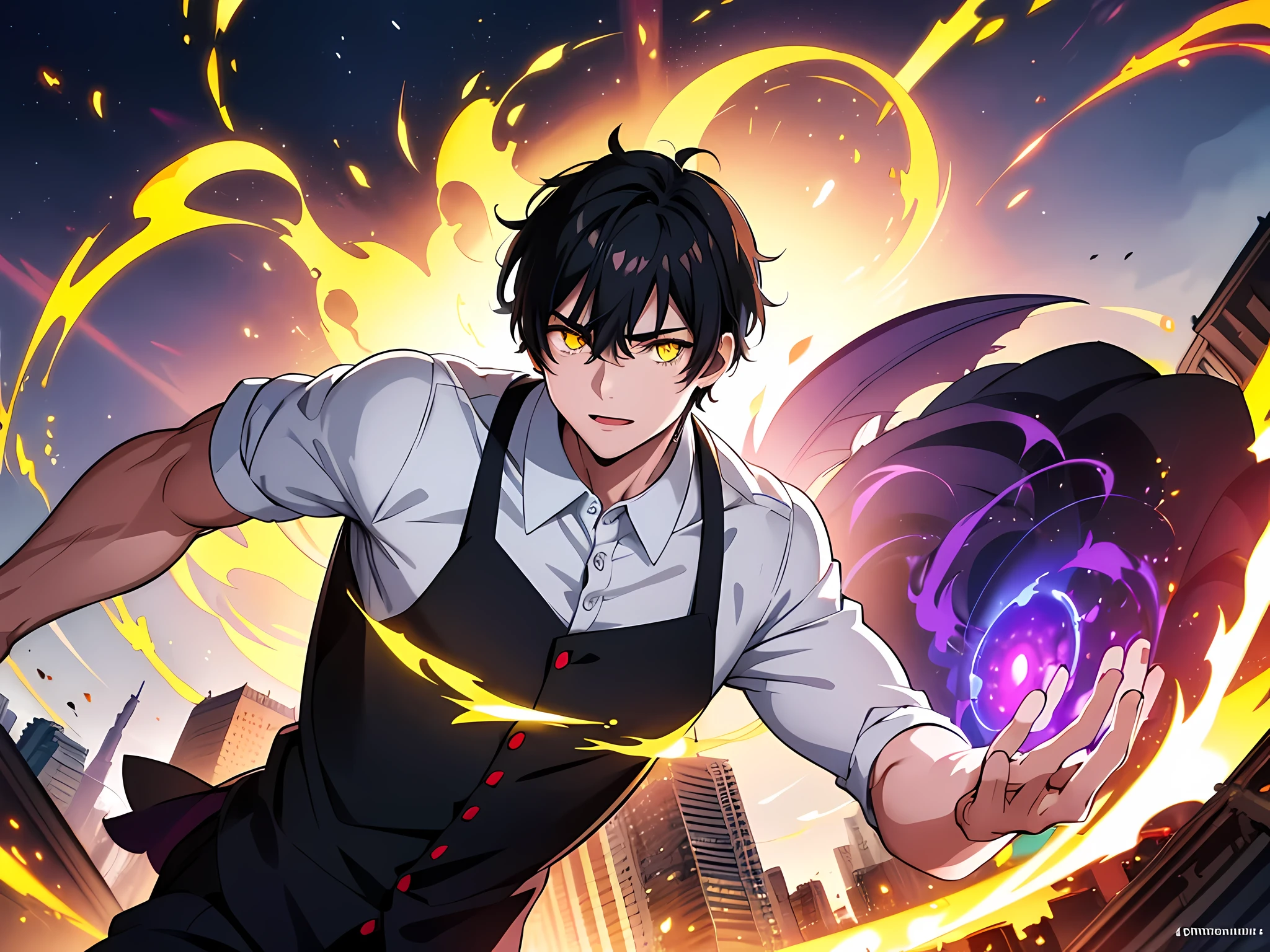 (1 boy) black short hair, yellow eyes, wearing white shirt, his hands is made from iron, this character has red glowing aura on his eyes, demon lord aura, colorful glowing aura in the air, the background is in the middle of city, glowing colorful magical aura surrounding his body