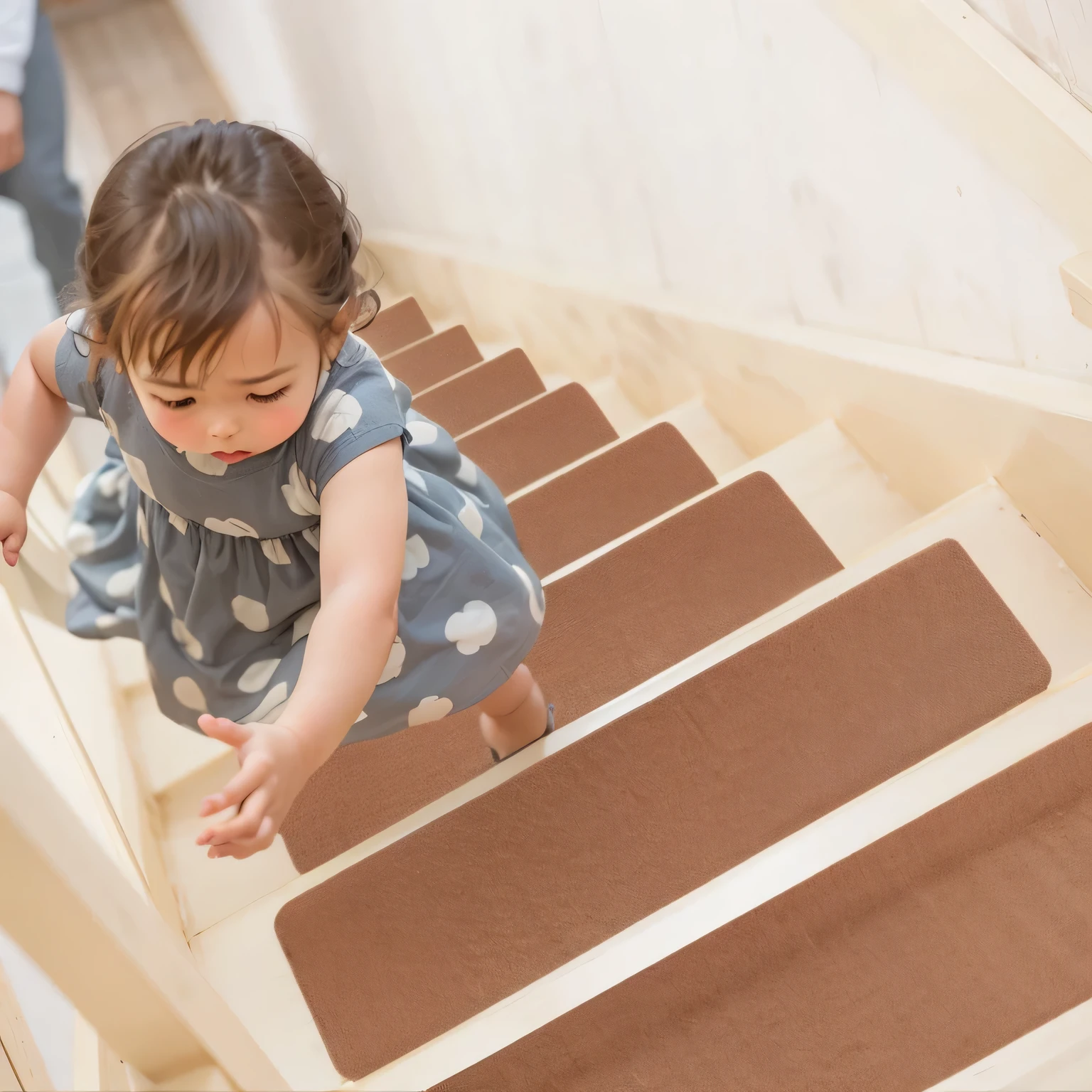 there is a girl that is walking up the stairs, Brown:-2, coming down the stairs, stairs, wooden stairs, Thousand households, manual, Retro Style, 1 stairs, Easy to use, DIY, stairs, toddle maximum, amber, light Brown, popular, 1x, child, comfortable, retro look, rural, 9 0 mm