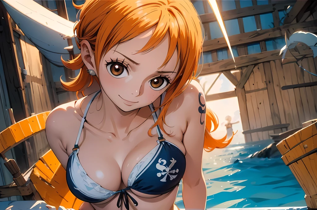 one-piece one-piece nami, vista de traz , cabelo laranja, Lindos olhos castanhos, ((vestindo lingerie sensual))usando botas laranjas, sword in one he, peitos sexy, pose lasciva ,corpo todo, arms behind the back, (fundo do navio pirata) (melhor qualidade, 4k, 8k, high resolution, obra de arte:1.2), ultra-detalhado, e (realista, photorealista, HDR, Ultra HD, studio lighting, pintura ultrafina, sharp focus,Nami Rosto, olho nami