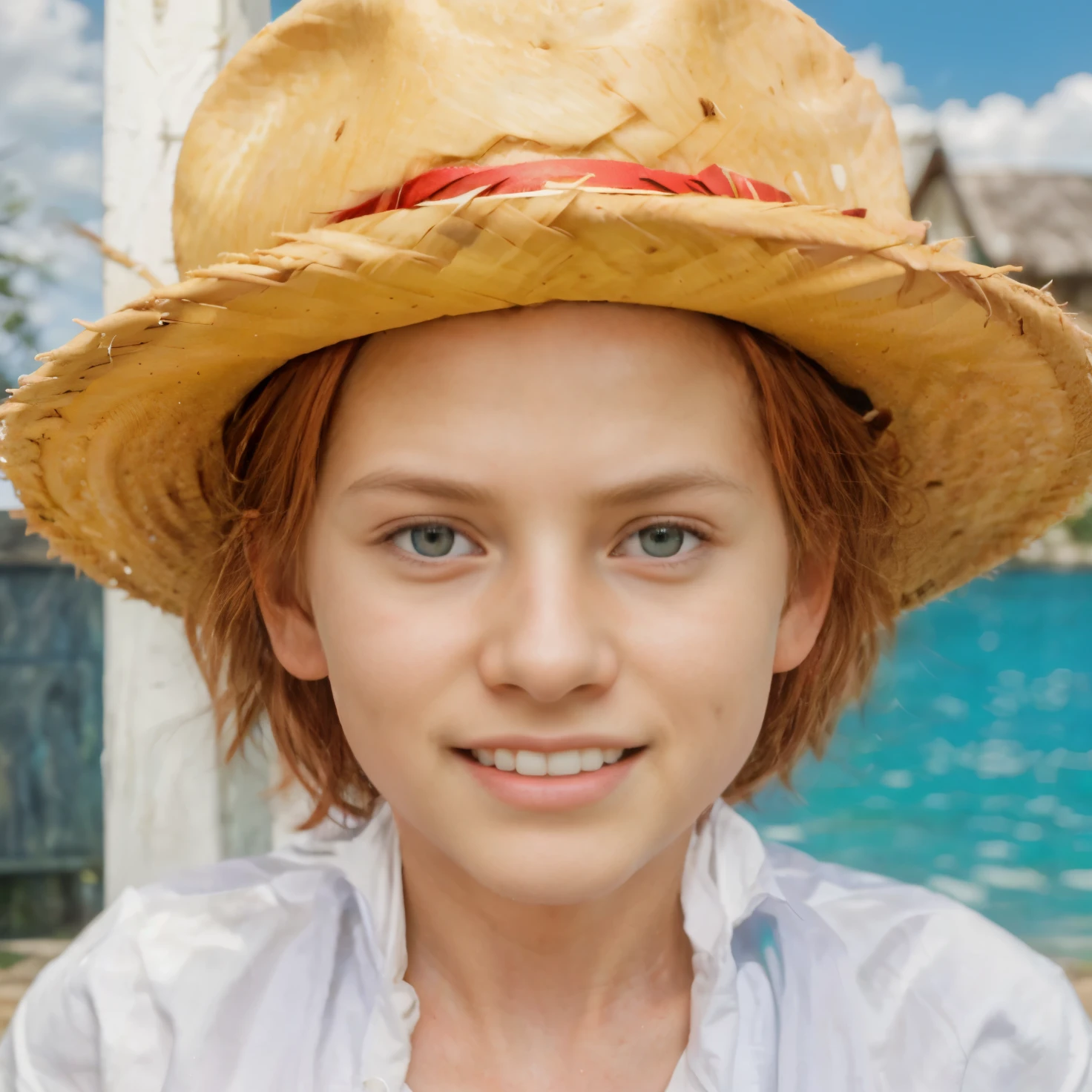 (masterpiece), (realistic), (ultra detailed), ( high reest quality), (photorealistic), (perfect face), (perfect anatomy), kid, male, solo, ameican, (((9 years old))), shanks from one piece, shanks, red hair, part of the character's hair to the front, wears white clothes, wearing a straw hat, the character laughs broadly showing his teeth, behind the character there is a house and a gazebo