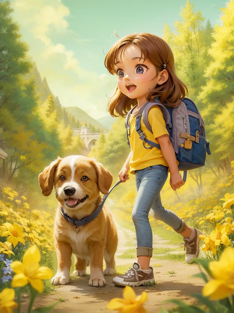 A very adorable little girl with a backpack and her cute puppy enjoying a beautiful spring walk surrounded by beautiful yellow flowers and nature. The illustration is a high-definition illustration in 4K resolution with very detailed facial features and cartoon-style visuals.