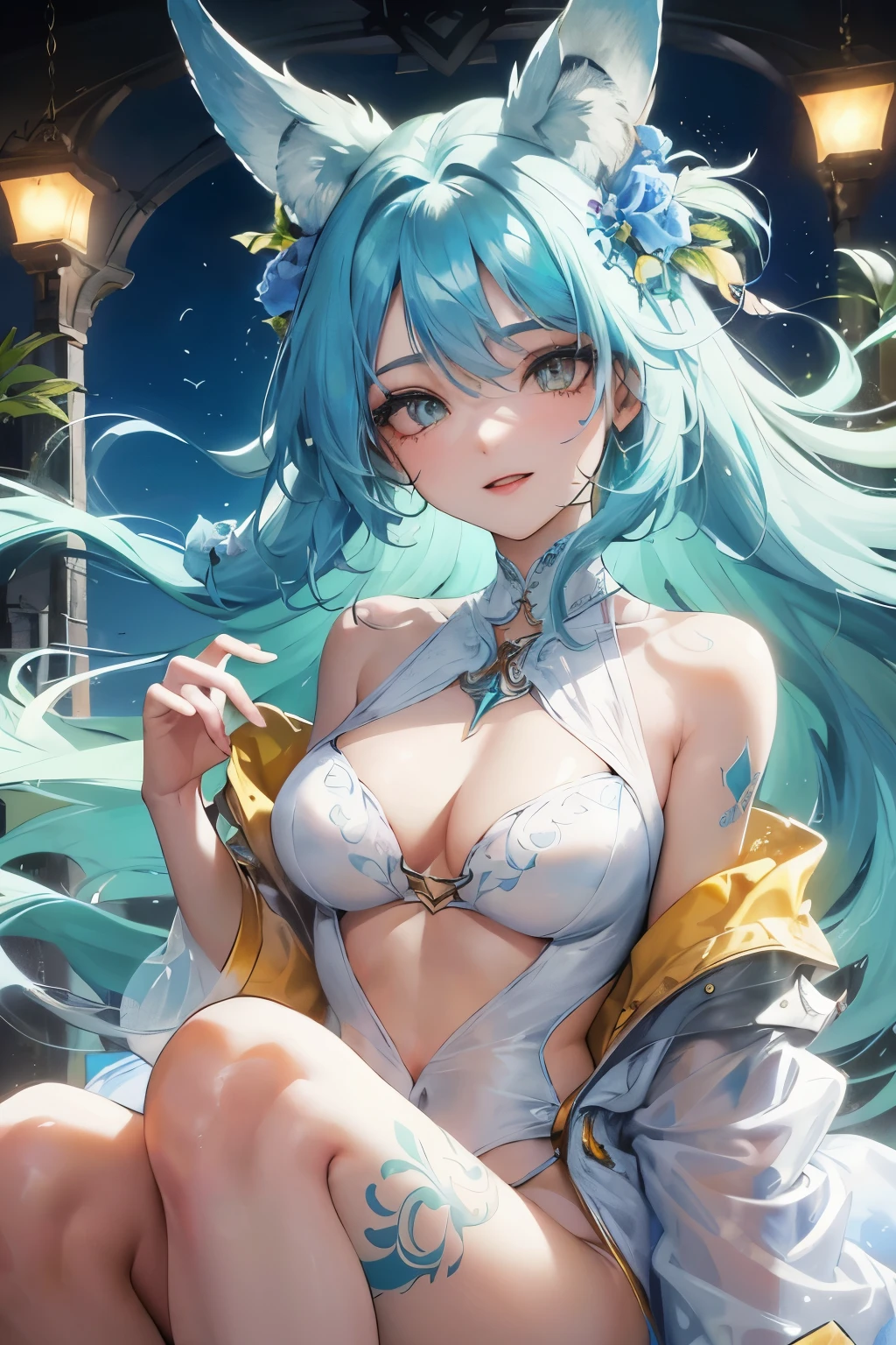 In the expansive sky above the favela of Rio de Janeiro, a 20-year-old garota named Isabella gracefully sits with a full extension of her vibrant blue hair. Her radiant smile illuminates the scene as she gazes down at the ever-busy life below. Dressed in pristine white leotards, her agile form represents a beacon of hope amidst the vibrant backdrop of the Brazilian slums. Intricately etched on her right arm is a mesmerizing tattoo of a majestic lion - a symbol of her courage and resilience.
The details of this stunning tableau are brought to life in hyper-