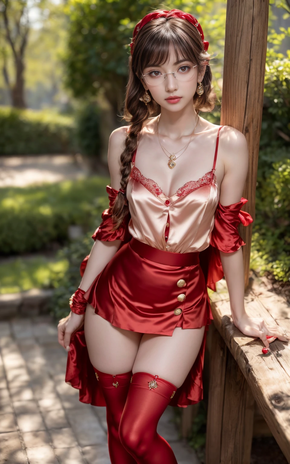(8K, Masterpiece, RAW photo, Best quality, detail:1.3), (ultra realistic Natural background, scenary:1.5), Depth of field, Cinematic light, (ultra realistic face), (1 picture of 1 solo girl Airim Jones:1.6), 1girl, (Beautiful and elegant Russian girl), (skinny girl with glasses), (European face:1.3), (perfect complete full body:1.6), (full body shot including shoes:1.6), (perfect [frontal view|side profile|back profile]:1.5), (small necklace, collarbone:1.1), ( [bangs|pigtails|bob|pixie] hair:1.5), (ultra detailed skin:1.4), (sexy red minitop:1.5), (soft fabric miniTop:1.5), (soft fabric mate color skirt:1.5), (Button-Front Skirt:1.5), (perfect standing pose:1.5), (sexy red outfit:1.5), (tight stockings:1.5)
