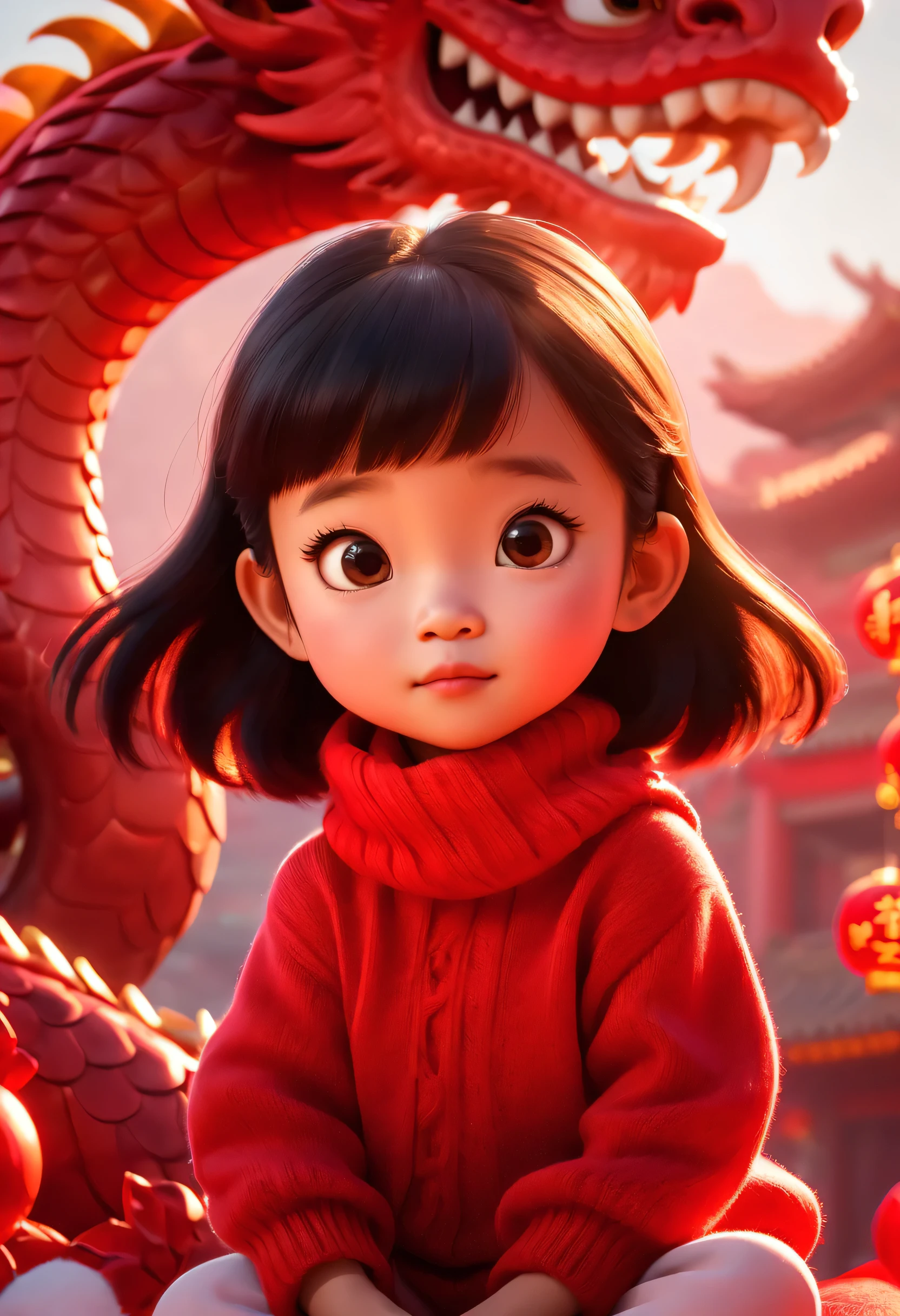 
Pixar style, A cute little Chinese girl, Wearing a red sweater and sitting on a red dragon head, little girl wearing red wool scarf, exaggerated expression, Pure Chinese red background, big red background, very festive, Chinese elements, welcome the new year, Commercial Photography, glow, Divine Thunder, Ray tracing, backlight, 32k