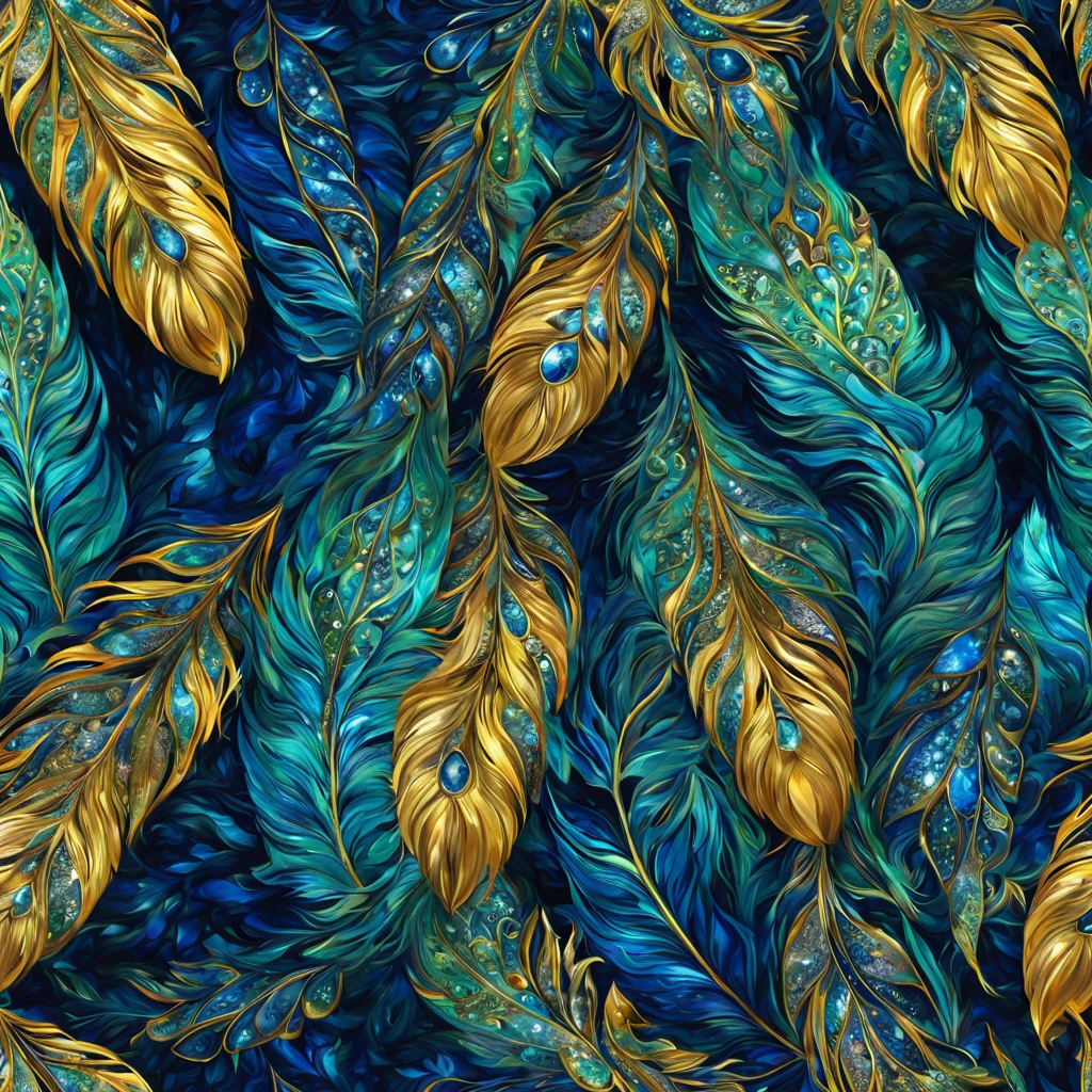Beautiful pattern of shimmering large feathers, blue, yellow, lots of leaves, green, minty, diamonds, saphire, gold threads, glow, digital painting, filigree fine detail, hyper-detailing, hyper-realism, high definition, bright, 128k