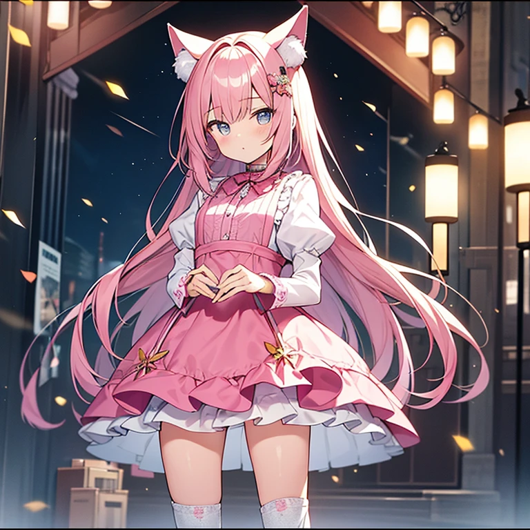 Cute with a girl cat ears、(Lonely 1.4)、Japanese anime style、Moe、(Big Picture 2.0)、Authentic and highly detailed body、petite、with a girl、Childish、10 years old、hair length、bangs、pink haired、Real and highly detailed face、Beautiful eyes that are real and highly detailed,、 Authentic and very delicate arms and hands、Real and highly detailed human hands(five fingers)、the most beautiful girl in the world、Delicate and beautiful pink cat eyes、real skin texture、generally、lolita、mini skirt、(Authentic and high-detail pink stockings 2.5)、(Authentic and highly detailed long boots 1.5)